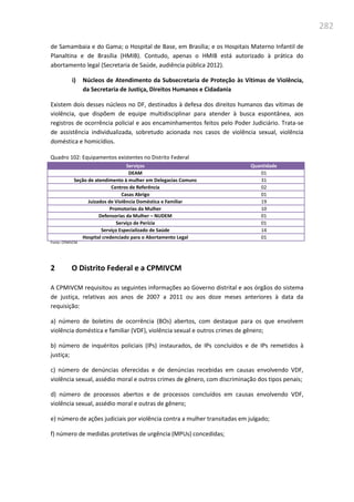 282
de Samambaia e do Gama; o Hospital de Base, em Brasília; e os Hospitais Materno Infantil de
Planaltina e de Brasília (HMIB). Contudo, apenas o HMIB está autorizado à prática do
abortamento legal (Secretaria de Saúde, audiência pública 2012).
i) Núcleos de Atendimento da Subsecretaria de Proteção às Vítimas de Violência,
da Secretaria de Justiça, Direitos Humanos e Cidadania
Existem dois desses núcleos no DF, destinados à defesa dos direitos humanos das vítimas de
violência, que dispõem de equipe multidisciplinar para atender à busca espontânea, aos
registros de ocorrência policial e aos encaminhamentos feitos pelo Poder Judiciário. Trata-se
de assistência individualizada, sobretudo acionada nos casos de violência sexual, violência
doméstica e homicídios.
Quadro 102: Equipamentos existentes no Distrito Federal
Serviços Quantidade
DEAM 01
Seção de atendimento à mulher em Delegacias Comuns 31
Centros de Referência 02
Casas Abrigo 01
Juizados de Violência Doméstica e Familiar 19
Promotorias da Mulher 10
Defensorias da Mulher – NUDEM 01
Serviço de Perícia 01
Serviço Especializado de Saúde 14
Hospital credenciado para o Abortamento Legal 01
Fonte: CPMIVCM
2 O Distrito Federal e a CPMIVCM
A CPMIVCM requisitou as seguintes informações ao Governo distrital e aos órgãos do sistema
de justiça, relativas aos anos de 2007 a 2011 ou aos doze meses anteriores à data da
requisição:
a) número de boletins de ocorrência (BOs) abertos, com destaque para os que envolvem
violência doméstica e familiar (VDF), violência sexual e outros crimes de gênero;
b) número de inquéritos policiais (IPs) instaurados, de IPs concluídos e de IPs remetidos à
justiça;
c) número de denúncias oferecidas e de denúncias recebidas em causas envolvendo VDF,
violência sexual, assédio moral e outros crimes de gênero, com discriminação dos tipos penais;
d) número de processos abertos e de processos concluídos em causas envolvendo VDF,
violência sexual, assédio moral e outras de gênero;
e) número de ações judiciais por violência contra a mulher transitadas em julgado;
f) número de medidas protetivas de urgência (MPUs) concedidas;
 