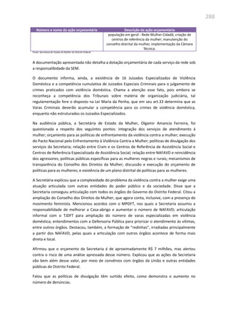 288
Número e nome da ação orçamentária Descrição da ação orçamentária
população em geral - Rede Mulher Cidadã; criação de
centros de referência da mulher; manutenção do
conselho distrital da mulher, implementação da Câmara
Técnica.
Fonte: Secretaria de Estado da Mulher do Distrito Federal
A documentação apresentada não detalha a dotação orçamentária de cada serviço da rede sob
a responsalibidade da SEM.
O documento informa, ainda, a existência de 16 Juizados Especializados de Violência
Doméstica e a competência cumulativa de Juizados Especiais Criminais para o julgamento de
crimes praticados com violência doméstica. Chama a atenção esse fato, pois embora se
reconheça a competência dos Tribunais sobre matéria de organização judiciária, tal
regulamentação fere o disposto na Lei Maria da Penha, que em seu art.33 determina que as
Varas Criminais deverão acumular a competência para os crimes de violência doméstica,
enquanto não estruturados os Juizados Especializados.
Na audiência pública, a Secretária de Estado da Mulher, Olgamir Amancia Ferreira, foi
questionada a respeito dos seguintes pontos: integração dos serviços de atendimento à
mulher; orçamento para as políticas de enfrentamento da violência contra a mulher; execução
do Pacto Nacional pelo Enfrentamento à Violência Contra a Mulher; políticas de divulgação dos
serviços da Secretaria; relação entre Cram e os Centros de Referência de Assistência Social e
Centros de Referência Especializada de Assistência Social; relação entre NAFAVD e reincidência
dos agressores; políticas públicas específicas para as mulheres negras e rurais; mecanismos de
transparência do Conselho dos Direitos da Mulher; discussão e execução do orçamento de
políticas para as mulheres; e existência de um plano distrital de políticas para as mulheres.
A Secretária explicou que a complexidade do problema da violência contra a mulher exige uma
atuação articulada com outras entidades do poder público e da sociedade. Disse que a
Secretaria conseguiu articulação com todos os órgãos do Governo do Distrito Federal. Citou a
ampliação do Conselho dos Direitos da Mulher, que agora conta, inclusive, com a presença do
movimento feminista. Mencionou acordos com o MPDFT, nos quais a Secretaria assumiu a
responsabilidade de melhorar a Casa-abrigo e aumentar o número de NAFAVD; articulação
informal com o TJDFT para ampliação do número de varas especializadas em violência
doméstica; entendimentos com a Defensoria Pública para priorizar o atendimento às vítimas,
entre outros órgãos. Destacou, também, a formação de “redinhas”, irradiadas principalmente
a partir dos NAFAVD, pelas quais a articulação com outros órgãos acontece de forma mais
direta e local.
Afirmou que o orçamento da Secretaria é de aproximadamente R$ 7 milhões, mas alertou
contra o risco de uma análise apressada desse número. Explicou que as ações da Secretaria
vão bem além desse valor, por meio de convênios com órgãos da União e outras entidades
públicas do Distrito Federal.
Falou que as políticas de divulgação têm surtido efeito, como demonstra o aumento no
número de denúncias.
 