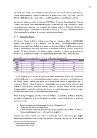 298
De acordo com o ofício encaminhado, existem processos envolvendo violência doméstica ou
familiar, violência sexual, assédio moral e outras de gênero em 27 varas (TJDFT, Doc CPMIVCM
143). O TJDFT não mandou representante à audiência pública, nem justificou a ausência.
Na audiência pública, o relato da visita da CPMIVCM ao 2º Juizado Especializado de Violência
Doméstica e Familiar contra a Mulher de Ceilândia foi bastante positivo. Constatou-se rapidez
na condução dos processos e na concessão de medidas protetivas, frutos de iniciativa do
titular daquele juízo. Quando da visita da CPMI ao Juizado, o juiz titular, Daniel Carnacchioni,
informou que não há aplicação de nenhum instituto despenalizante.
2.1.5 Defensoria Pública
A Defensoria Pública do Distrito Federal encaminhou, em resposta ao Ofício nº 44/CPMIVCM,
de 14/3/2012, o Ofício nº 05/2012-NAJDM/CEAJUR, de 3/4/2012 (Documento VCM 027). Nele,
a Coordenadora do Núcleo de Defesa da Mulher da Defensoria Pública do DF encaminha dados
sobre os atendimentos prestados pelo núcleo às mulheres vítimas de violência doméstica e
familiar. Os dados, constantes do Quadro abaixo, informam o número de atendimentos
prestados, as audiências realizadas e iniciais propostas de maio de 2009 a março de 2012:
Quadro 119: Atendimentos às mulheres vítimas de violência doméstica e familiar
Período Atendimentos prestados Audiências realizadas Iniciais propostas
2009
176
419 734 74
2010 912 1.153 137
2011 725 1.471 162
2012
177
149 357 45
Total 2.205 3.715 418
Fonte: Ofício nº 05/2012-NAJDM/CEAJUR, de 3/4/2012 (Documento VCM 027).
O ofício ressalva que o núcleo é responsável pelo atendimento apenas na circunscrição
judiciária de Brasília e, por isso, os dados enviados reproduzem apenas uma parte da realidade
do Distrito Federal. Informa que existe um trabalho para ampliar o atendimento para o
restante do Distrito Federal. Nota que as iniciais citadas são, em sua maioria, relativas à área
de família, como divórcio, alimentos, guarda e dissolução de união estável. Por fim, aponta o
destaque dado às audiências realizadas, por serem, na maioria dos casos, o primeiro contato
da Defensoria Pública com as vítimas de violência doméstica.
A Sra. Dulcielly Nóbrega de Almeida, Defensora Pública e Coordenadora do Núcleo de Defesa
da Mulher, representou o órgão na audiência pública. A CPMIVCM fez-lhe os seguintes
questionamentos:
 Quantos núcleos especializados da Defensoria Pública existem?
 Existem núcleos em todos os juizados?
 As mulheres têm defensores públicos nas audiências previstas na Lei Maria da Penha?
 Há capacitação dos defensores sobre violência de gênero?
Segundo ela, existe somente um núcleo de defesa da mulher, responsável pela Região
Administrativa de Brasília, que inclui Brasília, Cruzeiro, Sudoeste, Lago Sul, Lago Norte, Varjão,
176
Dados de maio a dezembro de 2009.
177
Dados de janeiro a março de 2012.
 