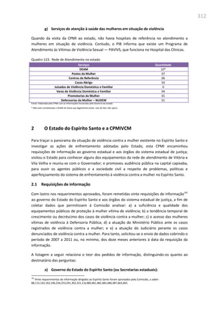 312
g) Serviços de atenção à saúde das mulheres em situação de violência
Quando da visita da CPMI ao estado, não havia hospitais de referência no atendimento a
mulheres em situação de violência. Contudo, o PIB informa que existe um Programa de
Atendimento às Vítimas de Violência Sexual — PAVIVS, que funciona no Hospital das Clínicas.
Quadro 123: Rede de Atendimento no estado
Serviços Quantidade
DEAM 10*
Postos da Mulher 07
Centros de Referência 06
Casas Abrigo 03
Juizados de Violência Doméstica e Familiar 0
Varas de Violência Doméstica e Familiar 04
Promotorias da Mulher 01
Defensorias da Mulher – NUDEM 01
Fonte: Elaborada pela CPMI com as informações fornecidas pelo Governo do estado
* Não está contabilizada a DEAM de Viana que legalmente existe, mas de fato não opera.
2 O Estado do Espírito Santo e a CPMIVCM
Para traçar o panorama da situação de violência contra a mulher existente no Espírito Santo e
investigar as ações de enfrentamento adotadas pelo Estado, esta CPMI encaminhou
requisições de informação ao governo estadual e aos órgãos do sistema estadual de justiça;
visitou o Estado para conhecer alguns dos equipamentos da rede de atendimento de Vitória e
Vila Velha e reuniu-se com o Governador; e promoveu audiência pública na capital capixaba,
para ouvir os agentes públicos e a sociedade civil a respeito de problemas, políticas e
aperfeiçoamento do sistema de enfrentamento à violência contra a mulher no Espírito Santo.
2.1 Requisições de informação
Com lastro nos requerimentos aprovados, foram remetidas vinte requisições de informação181
ao governo do Estado do Espírito Santo e aos órgãos do sistema estadual de justiça, a fim de
coletar dados que permitissem à Comissão analisar: a) a suficiência e qualidade dos
equipamentos públicos de proteção à mulher vítima de violência; b) a tendência temporal de
crescimento ou decréscimo dos casos de violência contra a mulher; c) o acesso das mulheres
vítimas de violência à Defensoria Pública; d) a atuação do Ministério Público ante os casos
registrados de violência contra a mulher; e e) a atuação do Judiciário perante os casos
denunciados de violência contra a mulher. Para tanto, solicitou-se o envio de dados cobrindo o
período de 2007 a 2011 ou, no mínimo, dos doze meses anteriores à data da requisição da
informação.
A listagem a seguir relaciona o teor dos pedidos de informação, distinguindo-os quanto ao
destinatário das perguntas:
a) Governo do Estado do Espírito Santo (ou Secretarias estaduais):
181
Vinte requerimentos de informação dirigidos ao Espírito Santo foram aprovados pela Comissão, a saber:
88,115,142,162,196,234,253,291,302,331,3.8,480,481,482,483,486,487,663,665.
 