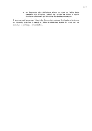 314
 um documento sobre violência de gênero no Estado do Espírito Santo
elaborado pelo Conselho Estadual dos Direitos da Mulher e outras
instituições, referente à aplicação da Lei Maria da Penha no estado.
O quadro a seguir apresenta a listagem dos documentos recebidos, identificados pelo número
do respectivo protocolo na CPMIVCM, nome do remetente, espécie ou título, data de
assinatura ou publicação e síntese do teor.
 