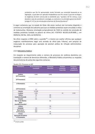 362
probatório que lhe foi apresentado, tendo formado sua convicção baseando-se na
legislação, a qual deve ser aplicada emobediência aos fins sociais a que ela se dirige e
às exigências do bem comum,não se olvidando que, "quando a lei for omissa, o juiz
decidirá o caso de acordocom a analogia, os costumes e os princípios gerais de direito"
(artigos 4° e 5°,Lei de Introdução às Normas do Direito Brasileiro).”
A seguir esclareceu que no estado de Goiás não existe nenhum ato normativo dispondo o
contrário ou orientação do Judiciário para que as medidas protetivas sejam vinculadas à oitiva
de testemunhas. Destacou orientação jurisprudencial do TJGO no sentido da concessão de
medidas protetivas fundada na palavra da vítima (HC n°507453- 80.2011.8.09.0000, j. em
09/02/12, DJE No. 1015, de 02/03/12).
No ofício resposta à CPMI sobre a questão199
, o mesmo juiz auxiliar afirmou que qualquer
exigência manifestamente ilegal será anulada de ofício pelo Tribunal, sem prejuízo de
instauração de processo para apuração de possível prática de infração administrativo-
disciplinar.
2.2.5 Ministério Público
Em resposta ao requerimento sobre o número de processos de violência doméstica em
tramitação e número de denúncias oferecidas, o Ministério Público encaminhou as respostas
das promotorias de justiça das seguintes comarcas:
Quadro 151: Processos no MP
Promotoria No de Processos em
tramitação
Denúncias
oferecidas
Medidas
protetivas
requeridas
Processos –
conflito de
competência
Goiânia
63ª Promotoria
67ª Promotoria
5160 3290
6
1ª Promotoria
12ª Promotoria
9
15
Interior 22.634
Luziânia 1246 31 1134
Rialma 76 08
Cachoeira Dourada 8 09
Aruanã 35
São Luis de Montes
Belos
(mar2011/mar2012
65
Zimbra 58
Goiatuba 33 11
Novo Gama
3ª Promotoria
400
250 35
Uruaçu 48
Aparecida de Goiânia
1ª Promotoria
199
Of.324 na CPMI.
 