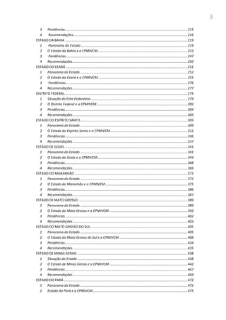 3
3 Pendências................................................................................................................................215
4 Recomendações.......................................................................................................................216
ESTADO DA BAHIA ................................................................................................................................219
1 Panorama do Estado ...............................................................................................................219
2 O Estado da Bahia e a CPMIVCM..............................................................................................223
3 Pendências...............................................................................................................................247
4 Recomendações........................................................................................................................250
ESTADO DO CEARÁ ...............................................................................................................................252
1 Panorama do Estado ................................................................................................................252
2 O Estado do Ceará e a CPMIVCM .............................................................................................255
3 Pendências...............................................................................................................................276
4 Recomendações........................................................................................................................277
DISTRITO FEDERAL................................................................................................................................279
1 Situação do Ente Federativo.....................................................................................................279
2 O Distrito Federal e a CPMIVCM...............................................................................................282
3 Pendências................................................................................................................................304
4 Recomendações........................................................................................................................305
ESTADO DO ESPÍRITO SANTO................................................................................................................309
1 Panorama do Estado ................................................................................................................309
2 O Estado do Espírito Santo e a CPMIVCM.................................................................................312
3 Pendências:...............................................................................................................................336
4 Recomendações........................................................................................................................337
ESTADO DE GOIÁS.................................................................................................................................341
1 Panorama do Estado ................................................................................................................341
2 O Estado de Goiás e a CPMIVCM..............................................................................................344
3 Pendências................................................................................................................................368
4 Recomendações........................................................................................................................369
ESTADO DO MARANHÃO ......................................................................................................................372
1 Panorama do Estado ................................................................................................................372
2 O Estado do Maranhão e a CPMIVCM......................................................................................375
3 Pendências................................................................................................................................386
4 Recomendações........................................................................................................................387
ESTADO DE MATO GROSSO ..................................................................................................................389
1 Panorama do Estado ................................................................................................................389
2 O Estado do Mato Grosso e a CPMIVCM..................................................................................392
3 Pendências................................................................................................................................402
4 Recomendações........................................................................................................................403
ESTADO DO MATO GROSSO DO SUL .....................................................................................................405
1 Panorama do Estado ................................................................................................................405
2 O Estado do Mato Grosso do Sul e a CPMIVCM .......................................................................408
3 Pendências................................................................................................................................434
4 Recomendações........................................................................................................................435
ESTADO DE MINAS GERAIS ...................................................................................................................438
1 Situação do Estado ...................................................................................................................438
2 O Estado de Minas Gerais e a CPMIVCM..................................................................................442
3 Pendências................................................................................................................................467
4 Recomendações........................................................................................................................469
ESTADO DO PARÁ .................................................................................................................................472
1 Panorama do Estado ................................................................................................................472
2 Estado do Pará e a CPMIVCM...................................................................................................475
 