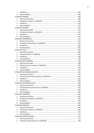 4
3 Pendências................................................................................................................................495
4 Recomendações:.......................................................................................................................496
ESTADO DA PARAÍBA ............................................................................................................................498
1 Panorama do Estado ................................................................................................................498
2 O Estado da Paraíba e a CPMIVCM ..........................................................................................501
3 Pendências................................................................................................................................519
4 Recomendações........................................................................................................................521
ESTADO DO PARANÁ.............................................................................................................................524
1 Panorama do Estado ................................................................................................................524
2 O Estado do Paraná e a CPMIVCM ...........................................................................................528
3 Pendências................................................................................................................................547
4 Recomendações........................................................................................................................548
ESTADO DE PERNAMBUCO ...................................................................................................................551
1 Panorama do Estado ................................................................................................................551
3 O Estado de Pernambuco e a CPMIVCM...................................................................................554
3 Pendências...............................................................................................................................580
4 Recomendações........................................................................................................................581
ESTADO DO PIAUÍ .................................................................................................................................583
1 Panorama do Estado ................................................................................................................583
2 O Estado do Piauí e a CPMIVCM...............................................................................................585
3 Pendências................................................................................................................................596
4 Recomendações........................................................................................................................597
ESTADO DO RIO DE JANEIRO.................................................................................................................598
1 Panorama do Estado ................................................................................................................598
2 O Estado do Rio de Janeiro e a CPMIVCM ................................................................................601
3 Pendências...............................................................................................................................630
4 Recomendações........................................................................................................................632
ESTADO DO RIO GRANDE DO NORTE ....................................................................................................635
1 Panorama do Estado ................................................................................................................635
2 O Estado do Rio Grande do Norte e a CPMIVCM......................................................................638
3 Pendências................................................................................................................................644
4 Recomendações........................................................................................................................645
ESTADO DO RIO GRANDE DO SUL .........................................................................................................648
1 Panorama do Estado ................................................................................................................648
2 O Estado do Rio Grande do Sul e a CPMIVCM ..........................................................................652
3 Pendências................................................................................................................................680
4 Recomendações........................................................................................................................682
ESTADO DE RONDÔNIA.........................................................................................................................685
1 Panorama do Estado ................................................................................................................685
2 O Estado de Rondônia e a CPMIVCM........................................................................................687
3 Pendências................................................................................................................................692
4 Recomendações........................................................................................................................693
ESTADO DE RORAIMA...........................................................................................................................696
1 Panorama do Estado ................................................................................................................696
2 O Estado de Roraima e a CPMIVCM .........................................................................................698
3 Pendências................................................................................................................................710
4 Recomendações........................................................................................................................715
ESTADO DE SANTA CATARINA...............................................................................................................717
1 Panorama do Estado ................................................................................................................717
2 O Estado de Santa Catarina e a CPMIVCM...............................................................................720
 