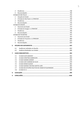 5
3 Pendências................................................................................................................................738
4 Recomendações........................................................................................................................740
ESTADO DE SÃO PAULO ........................................................................................................................743
1 Situação do Estado ...................................................................................................................743
2 O Estado de São Paulo e a CPMIVCM .......................................................................................749
3 Pendências................................................................................................................................771
4 Recomendações........................................................................................................................774
ESTADO DE SERGIPE..............................................................................................................................777
1 Panorama do Estado ................................................................................................................777
2 O Estado de Sergipe e a CPMIVCM...........................................................................................779
3 Pendências................................................................................................................................794
4 Recomendações........................................................................................................................795
ESTADO DO TOCANTINS .......................................................................................................................797
1 Panorama do Estado ................................................................................................................797
2 O Estado do Tocantins e a CPMIVCM .......................................................................................800
3 Pendências................................................................................................................................819
4 Recomendações........................................................................................................................820
6 RESUMO DOS DEPOIMENTOS ....................................................................................................823
6.1 Audiências realizadas em Brasília.........................................................................................823
6.2 Audiência Realizadas nos Estados ........................................................................................846
7 CASOS EMBLEMÁTICOS..............................................................................................................963
7.1 O CASO ELIZA SAMÚDIO.......................................................................................................963
7.2 O CASO CHRISTINA GABRIELSEN...........................................................................................969
7.3 O CASO SANDRA GOMIDE ....................................................................................................974
7.4 O CASO LENI FLORIANO DA SILVA ........................................................................................979
7.5 O CASO DENISE QUIOCA .......................................................................................................981
7.6 O CASO ADENISE CRISTINA SANTOS LEÃO............................................................................983
7.7 O CASO DO ESTUPRO COLETIVO DA CIDADE DE QUEIMADAS..............................................984
7.8 O CASO D.C.S. .......................................................................................................................989
8 LEGISLAÇÃO ...............................................................................................................................999
9 CONCLUSÕES............................................................................................................................1038
 