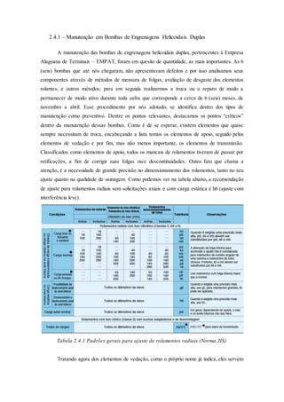 2.4.1 – Manutenção em Bombas de Engrenagens Helicoidais Duplas
A manutenção das bombas de engrenagens helicoidais duplas, pertencentes à Empresa
Alagoana de Terminais – EMPAT, foram em quesito de quantidade, as mais importantes. As 6
(seis) bombas que até nós chegaram, não apresentavam defeitos e por isso analisamos seus
componentes através de métodos de mensura de folgas, avaliação de desgaste dos elementos
rolantes, e outros métodos; para em seguida realizarmos a troca ou o reparo de modo a
permanecer de modo ativo durante toda safra que corresponde a cerca de 6 (seis) meses, de
novembro a abril. Esse procedimento por nós adotado, se identifica dentro dos tipos de
manutenção como preventivo. Dentre os pontos relevantes, destacamos os pontos “críticos”
dentro da manutenção dessas bombas. Como é de se esperar, existem elementos que quase
sempre necessitam de troca, encabeçando a lista temos os elementos de apoio, seguido pelos
elementos de vedação e por fim, mas não menos importante, os elementos de transmissão.
Classificados como elementos de apoio, todos os mancais de rolamentos tiveram de passar por
retificações, a fim de corrigir suas folgas ou/e descontinuidades. Outro fato que chama a
atenção, é a necessidade de grande precisão no dimensionamento dos rolamentos, tanto no seu
ajuste quanto na qualidade de usinagem. Como podemos ver na tabela abaixo, a recomendação
de ajuste para rolamentos radiais sem solicitações axiais e com carga estática é h6 (ajuste com
interferência leve).
Tabela 2.4.1 Padrões gerais para ajuste de rolamentos radiais (Norma JIS)
Tratando agora dos elementos de vedação, como o próprio nome já indica, eles servem
 