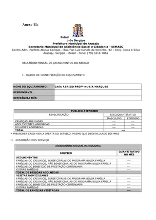Anexo 11:


                                    Estad
                                         o de Sergipe
                               Prefeitura Municipal de Aracaju
           Secretaria Municipal de Assistência Social e Cidadania - SEMASC
Centro Adm. Prefeito Aloísio Campos - Rua Frei Luiz Canolo de Noronha, 42 - Conj. Costa e Silva
                       Aracaju, Sergipe - Brasil - Fone: (79) 3218-7862


       RELATÓRIO MENSAL DE ATENDIMENTOS DO ABRIGO




       I - DADOS DE IDENTIFICAÇÃO DO EQUIPAMENTO



 NOME DO EQUIPAMENTO:           CASA ABRIGO PROFª NUBIA MARQUES

 RESPONSÁVEL:

 REFERÊNCIA MÊS:




                                             PUBLICO ATENDIDO
                             ESPECIFICAÇÃO                              SEXO/QUANTITATIVO
                                                                 MASCULINO    FEMININO
    CRIANÇAS ABRIGADAS                                               ---         ---
    ADOLESCENTES ABRIGADAS                                           ---         ---
    MULHERES ABRIGADAS                                               ---         ---
    TOTAL                                                                 ---
* PREENCHER CASO HAJA A OFERTA DO SERVIÇO, MESMO QUE DESVINCULADO DO PMAS

II - DESCRIÇÃO DOS SERVIÇO

                                 ATENDIMENTO INTEGRAL INSTITUCIONAL

                                                                               QUANTITATIVO
                                    SERVIÇO
                                                                                  NO MÊS
   ACOLHIMENTOS
   FAMÍLIAS DO CADÚNICO, BENEFICIÁRIAS DO PROGRAMA BOLSA FAMÍLIA                     ---
   FAMÍLIAS DO CADÚNICO, NÃO BENEFICIÁRIAS DO PROGRAMA BOLSA FAMÍLIA                 ---
   FAMÍLIAS DO BENEFÍCIO DE PRESTAÇÃO CONTINUADA                                     ---
   OUTRAS FAMÍLIAS                                                                   ---
   TOTAL DE PESSOAS ACOLHIDAS
   VISITAS DOMICILIARES
   FAMÍLIAS DO CADÚNICO, BENEFICIÁRIAS DO PROGRAMA BOLSA FAMÍLIA                     ---
   FAMÍLIAS DO CADÚNICO, NÃO BENEFICIÁRIAS DO PROGRAMA BOLSA FAMÍLIA                 ---
   FAMÍLIAS DO BENEFÍCIO DE PRESTAÇÃO CONTINUADA                                     ---
   OUTRAS FAMÍLIAS                                                                   ---
   TOTAL DE FAMÍLIAS VISITADAS                                                       ---
 