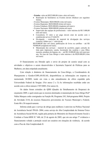 39




                      - Estados: valor até R$22.000,00 (vinte e dois mil reais).
                      • Realização de Seminários ou Eventos devem obedecer aos seguintes
                          limites:
                      - Eventos Municipais: R$20.000,00 (vinte mil reais),
                      - Eventos Regionais: R$30.000,00 (trinta mil reais),
                      - Eventos Estaduais: R$50.000,00 (cinqüenta mil reais) e
                      - Eventos Nacionais: R$80.000,00 (oitenta mil reais).
                      • Supervisão das equipes de profissionais - valor máximo de R$ 3.000,00
                          (três mil reais).
                      • Consultoria: O valor a ser pago deverá estar de acordo com o
                          estabelecido na Lei nº 8.666/93.
                      • Divulgação – confecção de material de divulgação dos serviços
                          (cartazes, folders etc.) – valor de até
                      R$10.000,00 (dez mil reais); publicações de livros ou cartilhas – até R$
                      50.000,00 (cinqüenta mil reais).
                      • Manutenção dos serviços – material de escritório, papel, cartucho de
                          tinta para impressora, caneta, locomoção das usuárias e seus filhos
                          menores, produtos de higiene, etc. – até R$ 10.000,00 (dez mil reais) por
                          ano. No caso de Casa Abrigo o valor máximo é de R$20.000,00 (vinte
                          mil reais).

       O financiamento era liberado após o envio do projeto de custeio anual com as
atividades e objetivos a serem desenvolvidos à Secretaria Especial de Políticas para as
Mulheres, em data estipulada anualmente.
       Com relação à dinâmica de financiamento da Casa-Abrigo, a Coordenadoria de
Planejamento e Gestão-COPLAN/SUAS, disponibilizou as informações em resposta ao
memorando 38/2009, tendo em vista o não entendimento do ofício expedido pela
Universidade Federal de Sergipe. (Ver anexo 2 e 3).·As informações recebidas estão em
acordo com o ofício número 1707/2009. (Ver anexo 4).
       Os dados foram extraídos do QDD (Quadro de Detalhamento de Despesas) do
orçamento 2009, o qual consta que os recursos destinados à manutenção da Casa-Abrigo Profª
Núbia Marques estão consignados na Função 08, Programa 243, Sub-programa 0068, Projeto
de Atividade 2110, de recursos financeiros provenientes do Tesouro Municipal e Federal,
Fonte 00 e 30 respectivamente.
       Informa ainda que o serviço de abrigo para mulheres é antevisto na Política Nacional
de Assistência Social/ PNAS- 2004, como serviço de Alta Complexidade do Sistema Único
de Assistência Social-SUAS, regido pela portaria do Ministério do Desenvolvimento Social e
Combate a Fome-MDS N.º 440, de 23 de agosto de 2005, que em seu artigo 7º evidencia o
financiamento voltado a proteção social aos usuários em situações de violência, de acordo
com o Piso de Alta Complexidade II.
 