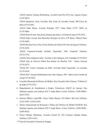 62




    -CRAS Antônio Valença Rollemberg- Avenida Canal 04, S/N Conj. Augusto Franco
    (3179-3067)
    -CRAS Benjamim Alves Carvalho- Rua Josué de Carvalho Cunha, 900 Coroa do
    Meio (3179-3349)
    -CRAS Santa Maria- Avenida Principal, 2577 Santa Maria (3179- 3065) ou
    (3179-3069)
    -CRAS Porto D´Anta- Rua Nossa Senhora das Dores, 119 Porto D´anta (3179-3472)
    -CRAS Pedro Averan- Rua Marcelino Procópio da Silva, S/N Bairro: Manoel Preto
    (3179-3469)
    -CRAS Risoleta Neves- Rua: Nossa Senhora da Glória, 845 Alto da Jaqueira Telefone:
    (3179-3475)
    -CRAS     Coqueiral-Avenida   Euclides   Figueiredo,   2436   Coqueiral   Telefone:
    (3215-2718)
    -CRAS Carlos Hadman Cortês - Avenida. Carlos Marques, S/N Soledade (3179-2819)
    -CRAS   João de Oliveira Sobral Rua Senhor do Bomfim, S/N – Santos Dumont
    (3179-2817)
    -CRAS Drº. Carlos Fernandes de Melo -Avenida Paulo Figueiredo, s/n Lamarão
    (3179-2818)
    -CRAS   Profº. Gonçalo Rollemberg Leite- Rua Alagoas, 2051 Bairro José Conrado de
    Araújo (3179-2242)
•   Conselho Municipal de Direitos da Mulher- Rua Vereador João Calazans, 79 Bairro13
    de Julho (3179-3737)
•   Departamento de Atendimento a Grupos Vulneráveis- DAGV de Aracaju- Rua
    Itabaiana esquina com Estância S/N 3º andar Bairro: Centro Telefone: (3205-9400) /
    (8853-5355)
•   Instituto Médico Legal-IML- Praça Tobias Barreto, S/N Bairro: São José Telefone:
    (3216-5429) / (3216-3216)
•   Núcleo Especializado de Promoção e Defesa dos Direitos da Mulher-NUDEM- Rua
    Itabaiana esquina com Estância S/N 2º andar Bairro: Centro Telefone: (3205-9420) /
    (3205-9422)
•   Fórum Olímpio Mendonça: Avenida Central 03, S/N Conjunto Orlando Dantas
    Telefone: (3251-4141)
-7ª Vara de Execuções Criminais de Sergipe
 