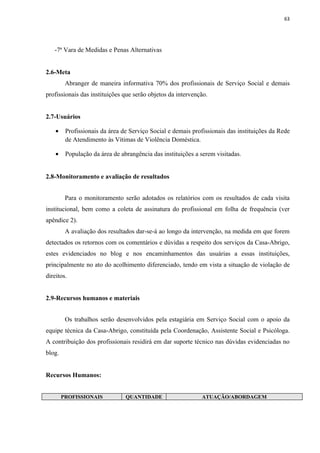 63




   -7ª Vara de Medidas e Penas Alternativas


2.6-Meta
         Abranger de maneira informativa 70% dos profissionais de Serviço Social e demais
profissionais das instituições que serão objetos da intervenção.


2.7-Usuários

    •    Profissionais da área de Serviço Social e demais profissionais das instituições da Rede
         de Atendimento às Vítimas de Violência Doméstica.

    •    População da área de abrangência das instituições a serem visitadas.


2.8-Monitoramento e avaliação de resultados


         Para o monitoramento serão adotados os relatórios com os resultados de cada visita
institucional, bem como a coleta de assinatura do profissional em folha de frequência (ver
apêndice 2).
         A avaliação dos resultados dar-se-á ao longo da intervenção, na medida em que forem
detectados os retornos com os comentários e dúvidas a respeito dos serviços da Casa-Abrigo,
estes evidenciados no blog e nos encaminhamentos das usuárias a essas instituições,
principalmente no ato do acolhimento diferenciado, tendo em vista a situação de violação de
direitos.


2.9-Recursos humanos e materiais


         Os trabalhos serão desenvolvidos pela estagiária em Serviço Social com o apoio da
equipe técnica da Casa-Abrigo, constituída pela Coordenação, Assistente Social e Psicóloga.
A contribuição dos profissionais residirá em dar suporte técnico nas dúvidas evidenciadas no
blog.


Recursos Humanos:


        PROFISSIONAIS           QUANTIDADE                   ATUAÇÃO/ABORDAGEM
 