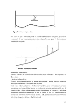 17
Nos casos em que a distância é grande ou não há visibilidade entre dois pontos, pode haver
necessidade de criar mais estações de nivelamento, conforme a figura 14, é chamado de
Nivelamento Composto.
Nivelamento Trigonométrico:
É feito a partir de um Teodolito com visadas com qualquer inclinação, é mais rápido que o
Geométrico.
- Nivelamento Barométrico:
É feito a partir do relacionamento da pressão atmosférica e a altitude. Tem um maior erro
associado, mas dispensa a visibilidade entre os pontos.
Neste nosso trabalho, utilizámos o Nivelamento Geométrico, onde, partimos de um ponto de
coordenadas conhecidas (E3) e fizemos um nivelamento composto, partindo de E3 para B
passando por A (pontos materializados no terreno, consequência do Capítulo 2) e um contra
nivelamento (passando igualmente por A, mas no sentido, B para E3), obtendo assim as
coordenadas altimétricas intermédias dos pontos A e B, (verificando assim as coordenadas
altimétricas dos pontos obtidos no Capítulo anterior).
Figura 13 - nivelamento geométrico
Figura 14 - nivelamento composto
 