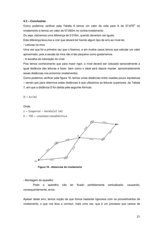 21
4.3 – Conclusões
Como podemos verificar pela Tabela 8 temos um valor de cota para A de 57,676
m
no
nivelamento e temos um valor de 57,692m no contra-nivelamento.
Ou seja, obtivemos uma diferença de 0.016m, quando deveriam ser iguais.
Esta diferença leva-nos a crer que deverá ter havido algum tipo de erro ao nível de:
- Leituras na mira
Uma vez que foi a primeira vez que o fizemos, e em muitos casos temos que calcular um valor
aproximado, pois a escala da mira não é tão pequena como gostaríamos.
- A escolha da colocação do nível
Pois temos conhecimento que para maior rigor, o nível deverá ser colocado sensivelmente a
igual distância das leituras a fazer, bem como o ideal será depois manter, aproximadamente
essas distâncias nos próximos nivelamentos.
Como podemos verificar pela figura 16, temos umas distâncias entre visadas pouco equitativas
– sendo que para obtermos estas distâncias é que utilizámos as leituras superiores, da Tabela
7, em que a distância D foi obtida pela seguinte fórmula:
= ( )
Onde,
= ( − é ) 2 ( )
= 100 = é
- Montagem do aparelho
Pode o aparelho não ter ficado perfeitamente verticalizado, causando,
consequentemente, erros.
Apesar deste erro, temos noção de que fomos bastante rigorosos com os procedimentos de
nivelamento, o que nos leva a concluir, mais uma vez, que é um processo que carece de
Figura 16 - distancias do nivelamento
 