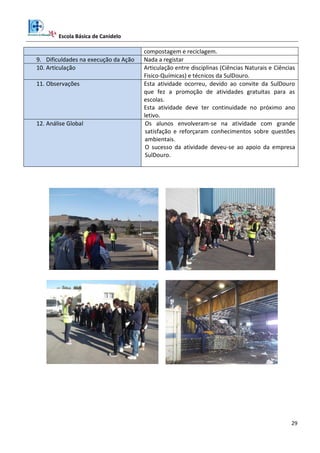 Escola Básica de Canidelo
29
compostagem e reciclagem.
9. Dificuldades na execução da Ação Nada a registar
10. Articulação Articulação entre disciplinas (Ciências Naturais e Ciências
Fisico-Químicas) e técnicos da SulDouro.
11. Observações Esta atividade ocorreu, devido ao convite da SulDouro
que fez a promoção de atividades gratuitas para as
escolas.
Esta atividade deve ter continuidade no próximo ano
letivo.
12. Análise Global Os alunos envolveram-se na atividade com grande
satisfação e reforçaram conhecimentos sobre questões
ambientais.
O sucesso da atividade deveu-se ao apoio da empresa
SulDouro.
 