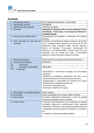 Escola Básica de Canidelo
48
Avaliação
1. Identificação do Eixo Eixo 3 Relação Escola Família - Comunidade
2. Identificação da Ação INTER@GIR
3. Identificação da Dimensão Ambiente em @ção
4. Atividade Exposição de maquetas sobre recursos Naturais, Fontes
de Poluição, Preservação, Conservação da Natureza e
da Biodiversidade
5. Responsável / Colaboradores Coordenadoras do projecto e professoras de Ciências
Naturais
6. Breve descrição da execução da
atividade
No âmbito da disciplina de ciências naturais e de acordo
com o programa desta disciplina, os alunos do 8º ano
realizaram várias maquetas sobre recursos Naturais,
Fontes de Poluição, Preservação, Conservação da
Natureza e da Biodiversidade. Fizeram parte de uma
exposição que foi visitada por toda a comunidade
educativa, no dia 6 de junho, dia do Eco Escolas.
7. Dados Quantitativos Alunos do 8º ano e professoras de Ciências Naturais
8. Avaliação dos Objetivos Muito Bom
8.1. Justificação
8.2. Contributo da Atividade Muito Bom
8.2.1. Justificação
-Desenvolveu a consciência ecológica da comunidade
educativa;
-Identificou os problemas ambientais com vista a uma
intervenção eficiente na preservação da natureza;
-Compreendeu a necessidade da existência de regras
eficientes para a proteção da natureza;
- Promoveu a educação cívica;
-Favoreceu o trabalho em equipa.
9. Dificuldades na execução da Ação Nada a registar
10. Articulação Houve articulação entre a escola, ABAE e famílias.
11. Observações Os alunos participaram ativamente e com um grande
motivação ao longo de todo o trabalho.
12. Análise Global Os alunos e pais envolveram-se na atividade com grande
satisfação, adquiriram conhecimentos sobre questões
ambientais e alertaram a comunidade educativa sobre os
a importância da preservação do ambiente e a conduta a
ter .
As maquetas foram de grande qualidade.
 