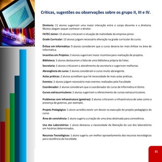 Críticas, sugestões ou observações sobre os grupo II, III e IV.

Diretoria: 11 alunos sugeriram uma maior interação entre o corpo discente e a diretoria.
Muitos alegam sequer conhecer o diretor.
FATEC Júnior: 15 alunos criticaram a situação de inatividade da empresa júnior.
Grade Curricular: 13 alunos julgam necessário alteração na grade curricular do curso.

Ênfase em Informática: 9 alunos consideram que o curso deveria ter mais ênfase na área de
Informática.
Incentivo em Projetos: 3 alunos sugeriram maior incentivo para realização de projetos.
Biblioteca: 3 alunos destacaram a falta de uma biblioteca própria da Fatec.
Secretaria: 3 alunos criticaram o atendimento da secretaria e sugeriram melhorias.
Abrangência do curso: 2 alunos consideram o curso muito abrangente.
Aulas práticas: 2 alunos acreditam que há necessidade de mais aulas práticas.
Eventos: 2 alunos julgam necessário mais eventos realizados pela Faculdade
Coordenador: 2 alunos consideram que o coordenador do curso de Informática é ótimo.
Cursos extracurriculares: 2 alunos sugeriram o oferecimento de cursos extracurriculares.

Problemas com Infraestrutura (goteiras): 2 alunos criticaram a infraestrutura de salas como a
presença de goteiras, por exemplo.

Projeto Pedagógico: 1 aluno acredita existir um desvio na execução do projeto pedagógico do
curso.
Área de convivência: 1 aluno sugeriu a criação de uma área destinada para convivência.

Uso dos Laboratórios: 1 aluno destacou a necessidade da liberação do uso dos laboratórios
em horários determinados.

Recursos Tecnológicos: 1 aluno sugeriu um melhor aproveitamento dos recursos tecnológicos
para excelência da Faculdade.



                                                                                                31
 