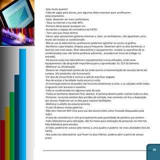 36
-Sala muito quente!
-Falta de vagas para alunos, pois algumas delas reservam para professores -
estacionamento.
-Salas deveriam ser mais confortáveis.
- Peca na internet e na rede WiFi.
-Portaria deixa passar qualquer um.
-Aumentar o espaço de convivência da FATEC.
- Tem sala que chove dentro.
-Várias salas apresentam goteiras enormes e calor, os ventiladores não aguentam, seria
muito útil instalar ar condicionado.
-Mal se usa os laboratórios, professores poderiam apostilar os cursos na gráfica.
-Banheiros sujos lotados, limpeza pouco frequente. Deveriam abrir os dois banheiros. e
lavá-los com mais vezes. Mais laboratórios e equipamentos. Instalar os aparelhos de ar-
condicionado( caso não tenha potência suficiente, providenciar troca de trafego na
entrada).
-Há poucas aulas nos laboratórios e equipamentos nunca utilizados, onde esses
equipamentos são de grande importância para o aprendizado. Ex: CLP da Siemens.
-Melhorar na climatização.
-Deveria ser implantado postes de luz onde ocorre a movimentação de veículos dento do
campus. (As existentes não funcionam).
-Em dias de chuva forte é comum a sala de aula ficar alagada.
-Rua de acesso a faculdade muito escura à noite.
-A iluminação externa do prédio não funciona totalmente a noite, e as calçadas estão todas
irregulares com buracos e ressaltos.
-Falta ar condicionado em algumas salas de aula.
-Todos os banheiros deveriam ficar abertos. A portaria deveria pedir crachás todos os dias.
-Portarias: na escola existem dois portões de entrada, mas somente um fica a disposição
dos alunos. Poderiam ser os dois para maiores facilidades.
-Melhorar o asfalto do estacionamento.
-A sala 19 possui muitas goteiras.
-Não tem internet WiFi livre para uso dos alunos (sites como Youtube bloqueados pela
rede.)
-A área de convivência é ruim principalmente pela quantidade de pombos que existem.
-Falta laboratórios para utilização, não há meios para realização de pesquisas na internet,
falta biblioteca para estudos.
-A Fatec poderia ter acesso pelo menos a uma quadra e poderia ter mais atividades fora da
FATEC.
-Nas aulas nos laboratórios que ficam no piso inferior, poderia abrir a porta de acesso
preta.
 