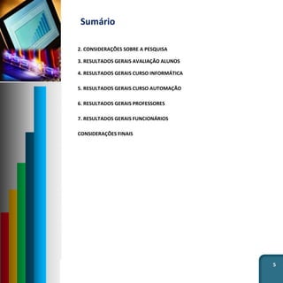 Sumário
5
2. CONSIDERAÇÕES SOBRE A PESQUISA
3. RESULTADOS GERAIS AVALIAÇÃO ALUNOS
4. RESULTADOS GERAIS CURSO INFORMÁTICA
5. RESULTADOS GERAIS CURSO AUTOMAÇÃO
6. RESULTADOS GERAIS PROFESSORES
7. RESULTADOS GERAIS FUNCIONÁRIOS
CONSIDERAÇÕES FINAIS
 