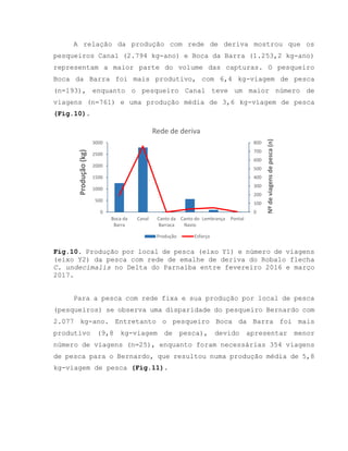 A relação da produção com rede de deriva mostrou que os
pesqueiros Canal (2.794 kg-ano) e Boca da Barra (1.253,2 kg-ano)
representam a maior parte do volume das capturas. O pesqueiro
Boca da Barra foi mais produtivo, com 6,4 kg-viagem de pesca
(n=193), enquanto o pesqueiro Canal teve um maior número de
viagens (n=761) e uma produção média de 3,6 kg-viagem de pesca
(Fig.10).
Fig.10. Produção por local de pesca (eixo Y1) e número de viagens
(eixo Y2) da pesca com rede de emalhe de deriva do Robalo flecha
C. undecimalis no Delta do Parnaíba entre fevereiro 2016 e março
2017.
Para a pesca com rede fixa e sua produção por local de pesca
(pesqueiros) se observa uma disparidade do pesqueiro Bernardo com
2.077 kg-ano. Entretanto o pesqueiro Boca da Barra foi mais
produtivo (9,8 kg-viagem de pesca), devido apresentar menor
número de viagens (n=25), enquanto foram necessárias 354 viagens
de pesca para o Bernardo, que resultou numa produção média de 5,8
kg-viagem de pesca (Fig.11).
0
100
200
300
400
500
600
700
800
0
500
1000
1500
2000
2500
3000
Boca da
Barra
Canal Canto da
Barraca
Canto do
Navio
Lembrança Pontal
Nºdeviagensdepesca(n)
Produção(kg)
Rede de deriva
Produção Esforço
 