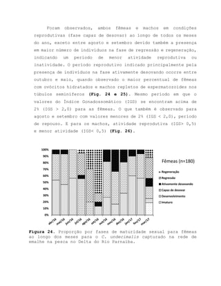 Foram observados, ambos fêmeas e machos em condições
reprodutivas (fase capaz de desovar) ao longo de todos os meses
do ano, exceto entre agosto e setembro devido também a presença
em maior número de indivíduos na fase de regressão e regeneração,
indicando um período de menor atividade reprodutiva ou
inatividade. O período reprodutivo indicado principalmente pela
presença de indivíduos na fase ativamente desovando ocorre entre
outubro e maio, quando observado o maior percentual de fêmeas
com ovócitos hidratados e machos repletos de espermatozoides nos
túbulos seminíferos (Fig. 24 e 25). Mesmo período em que o
valores do Índice Gonadossomático (IGS) se encontram acima de
2% (IGS > 2,0) para as fêmeas. O que também é observado para
agosto e setembro com valores menores de 2% (IGS < 2,0), período
de repouso. E para os machos, atividade reprodutiva (IGS> 0,5)
e menor atividade (IGS< 0,5) (Fig. 26).
Figura 24. Proporção por fases de maturidade sexual para fêmeas
ao longo dos meses para o C. undecimalis capturado na rede de
emalhe na pesca no Delta do Rio Parnaíba.
0%
10%
20%
30%
40%
50%
60%
70%
80%
90%
100%
Fêmeas (n=180)
Regeneração
Regressão
Ativamente desovando
Capaz de desovar
Desenvolvimento
Imaturo
 