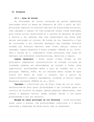 10. Biomassa
10.1 – Área de estudo
As atividades de coleta ocorreram em quinze expedições
realizadas entre os meses de fevereiro de 2016 a abril de 2017
procurando explorar os diversos habitats do Ecossistema estuarino,
como igarapés e lagoas. As três primeiras saídas foram reservadas
para testes piloto objetivando-se a escolha do aparelho de pesca
e técnica a ser adotada, bem como conhecimento das áreas onde
seriam realizadas as coletas. Em função da sua topografia e tipo
de circulação o Rio Parnaíba apresenta uma formação Deltáica
formado por diversos habitats como ilhas, bahias, canais ou
igarapés, lagoas marginais e áreas alagadas (FARIAS et al, 2015).
Para o estudo de C. undecimalis foram escolhidos três tipos de
habitats com diferentes características, descritos a seguir:
Lagoas marginais - Esses corpos d´água formam um dos
principais componentes característicos do sistema rio-zona de
inundação podendo ser heterogêneas em relação à forma, área
superficial, profundidade média e grau de conexão com o rio
principal (ARAUJO, 2008). No rio Parnaíba menor volume de água
ocorre nos meses de julho a outubro, mas a partir de
janeiro/fevereiro aumenta rapidamente, enchendo as muitas lagoas
marginais existente (FARIAS et al., 2015).
Igarapés – constituído por um braço longo de rio ou canal.
Caracterizam-se pela pouca profundidade e por correrem quase no
interior da floresta de mangue. Apenas pequenas embarcações, como
canoas e pequenos barcos, podem navegar devido a sua baixa
profundidade e por ser estreito.
Margem do canal principal do rio Parnaíba – foram escolhidas
áreas rasas e planas, com profundidades inferiores a 2 metros
associada a vegetação de baixo porte como as gramíneas.
 