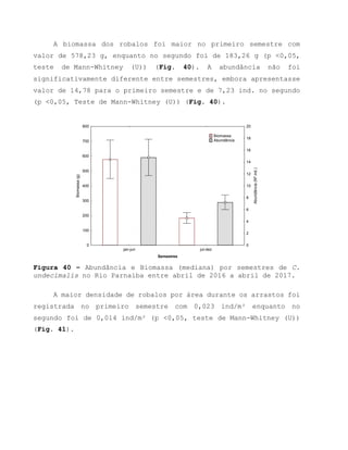 A biomassa dos robalos foi maior no primeiro semestre com
valor de 578,23 g, enquanto no segundo foi de 183,26 g (p <0,05,
teste de Mann-Whitney (U)) (Fig. 40). A abundância não foi
significativamente diferente entre semestres, embora apresentasse
valor de 14,78 para o primeiro semestre e de 7,23 ind. no segundo
(p <0,05, Teste de Mann-Whitney (U)) (Fig. 40).
jan-jun jul-dez
Semestres
0
100
200
300
400
500
600
700
800
Biomassa(g)
0
2
4
6
8
10
12
14
16
18
20
Abundância(Nºind.)
Biomassa
Abundância
Figura 40 – Abundância e Biomassa (mediana) por semestres de C.
undecimalis no Rio Parnaíba entre abril de 2016 a abril de 2017.
A maior densidade de robalos por área durante os arrastos foi
registrada no primeiro semestre com 0,023 ind/m² enquanto no
segundo foi de 0,014 ind/m² (p <0,05, teste de Mann-Whitney (U))
(Fig. 41).
 