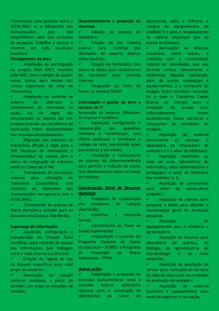 Telecentros, uma parceria entre a     Desenvolvimento e produção de         Agronomia, para a reforma e
SETEC/MEC e o Ministério das          sistemas:                             compra de equipamentos da
Comunicações         que       visa         Adoção do sistema de           Unidade II e para o recapeamento
disponibilizar uma sala exclusiva     Webdiário;                            da rodovia municipal que dá
de pesquisa, trabalho e acesso à            Criação de um sistema          acesso ao Campus;
internet em cada município            interno para      controle    dos            Renovação de diversos
brasileiro.                           chamados de suporte abertos           convênios, entre outros, o
Planejamento da área:                 pelos usuários;                       convênio com a Universidade
        Ampliação da participação          Criação de formulário com      Federal de Uberlândia, que nos
no projeto SIGA EPCT, mantido         banco de dados para recebimento       permite utilizar laboratórios e
pelo MEC, com a adição de quatro      de inscrições para eventos            bibliotecas daquela instituição,
novas bolsas para alunos dos          internos;                             além de outras instalações e
cursos superiores da área de                Integração da Folha de         equipamentos, e a concessão de
informática;                          Ponto no sistema SWGP.                estágio. Outro convênio renovado
        Ampliação do controle de                                           foi o com o Consórcio Capim
sistema       de    abertura      e   Contratação e gestão de bens e        Branco de Energia para a
atendimento de chamados, os           serviços de TI                        produção       de    mudas       para
quais, via de regra, são              Renovação do antivírus OfficeScan,    reflorestamento.               Foram
solucionados no mesmo dia útil,       da empresa TrendMicro;                estabelecidas novas parcerias e
proporcionando aos servidores da             Aquisição, configuração e     renovações de convênios de
Instituição maior disponibilidade     manutenção        dos     aparelhos   estágios;
dos recursos computacionais;          FortiGate e FortiAnalyzer, este              Aquisição de material
        Migração dos sistemas de     último destinado a monitorar o        permanente        p/    equipar     o
Patrimônio (Prado e Siga) para o      tráfego da rede, permitindo ações     laboratório de informática da
SPA (Sistema de Patrimônio e          preventivas e corretivas;             unidade I e II e setor de biblioteca;
Almoxarifado) de acordo com o                Instalação e manutenção              Aquisição mobiliária p/
plano de integração de sistemas       do sistema de Videoconferência        salas de aula, laboratórios de
entre os Campi do IFTM;               para permitir a redução de custos     informática, setor administrativo e
        Treinamento de municípios    com deslocamento entre os Campi       pedagógico e setor de biblioteca
vizinhos para utilização do           do Instituto.                         das unidades I e II;
Telecentro Comunitário, uma                                                        Aquisição de semoventes
iniciativa do Ministério das          Coordenação Geral de Recursos         para setor de suinocultura
Comunicações em parceria com a        Humanos                               unidade I;
SETEC/MEC;                                  Programa de Capacitação               Aquisição de animais para
        Treinamento do sistema de    dos servidores do Campus              pesquisa e abate para atender a
Diário Eletrônico voltado para os     Uberlândia;                           coordenação geral de produção
Docentes do Campus Uberlândia.              Incentivo   à    educação      pesquisa;
                                      formal;                                      Aquisição                  de
Segurança da informação:                    Consolidação do Plano de       equipamentos para o refeitório e
       Aquisição, configuração e     Saúde Suplementar;                    agroindústria;
manutenção do firewall físico               Implantação e controle do             Aquisição de insumos para
FortiGate, para controle de acesso    Programa Controle de Saúde            laboratório de química, de
das informações que trafegam          Ocupacional – PCMSO e Programa        biologia, da agroindústria, de
entre a rede interna e a internet;    de    Prevenção      de    Riscos     microbiologia      e     de     meio
       Criação de regras de uso      Ambientais – PPRA.                    ambiente;
do firewall específicas para cada                                                  Aquisição de prestação de
grupo de usuários;                    Outras ações                          serviço para realização de serviços
       Renovação da solução                Elaboração e protocolo de      de mão de obra rural nas unidades
antivírus instalada, a partir do      emendas parlamentares junto à         de produção da unidade I;
servidor, em todas as estações de     bancada      federal  solicitando            Aquisição de material
trabalho.                             recursos para a construção de         esportivo e equipamentos para
                                      laboratórios    do   Curso     de     setor de esportes e recreação;
 