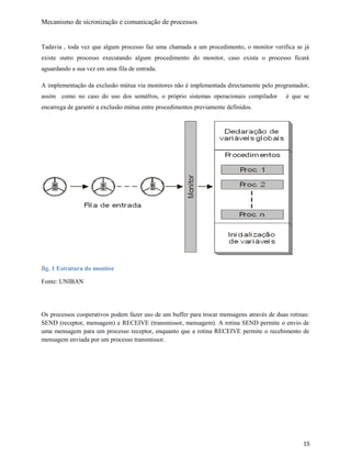 Mecanismo de sicronização e comunicação de processos
Tadavia , toda vez que algum processo faz uma chamada a um procedimento, o monitor verifica se já
existe outro processo executando algum procedimento do monitor, caso exista o processo ficará
aguardando a sua vez em uma fila de entrada.
A implementação da exclusão mútua via monitores não é implementada directamente pelo programador,
assim como no caso do uso dos semáfros, o próprio sistemas operacionais compilador é que se
encarrega de garantir a exclusão mútua entre procedimentos previamente definidos.
fig. 1 Estrutura do monitor
Fonte: UNIBAN
Os processos cooperativos podem fazer uso de um buffer para trocar mensagens através de duas rotinas:
SEND (receptor, mensagem) e RECEIVE (transmissor, mensagem). A rotina SEND permite o envio de
uma mensagem para um processo receptor, enquanto que a rotina RECEIVE permite o recebimento de
mensagem enviada por um processo transmissor.
15
 