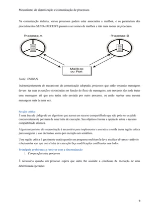 Mecanismo de sicronização e comunicação de processos
Na comunicação indireta, vários processos podem estar associados a mailbox, e os parametros dos
procedimentos SEND e RECEIVE passam a ser nomes de mailbox e não mais nomes de processos.
Fonte: UNIBAN
Independentemente do mecanismo de comunicação adoptado, processos que estão trocando mensagens
devem ter suas execuções sicronizadas em funcão do fluxo de mensagens; um processo não pode tratar
uma mensagem até que esta tenha sido enviada por outro processo, ou então receber uma mesma
mensagem mais de uma vez.
Secção crítica
É uma área de código de um algoritmo que acessa um recurso compartilhado que não pode ser acedido
concorrentemente por mais de uma linha de execução. Seu objetivo é tornar a operação sobre o recurso
compartilhado atômica.
Algum mecanismo de sincronização é necessário para implementar a entrada e a saída duma região crítica
para assegurar o uso exclusivo, como por exemplo um semáforo.
Uma região crítica é geralmente usada quando um programa multitarefa deve atualizar diversas variáveis
relacionadas sem que outra linha de execução faça modificações conflitantes nos dados.
Principais problemas a resolver com a sincronização
1. Cooperação entre processos
É necessária quando um processo espera que outro lhe assinale a conclusão da execução de uma
determinada operação;
9
 