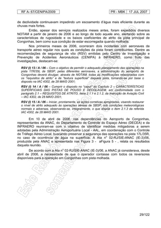 RF A- 67/CENIPA/2009 PR - MBK 17 JUL 2007
29/122
de declividade continuavam impedindo um escoamento d’água mais eficiente durante as
chuvas mais fortes.
Então, apesar dos serviços realizados meses antes, foram expedidos diversos
NOTAM a partir de janeiro de 2006 e ao longo de todo aquele ano, alertando sobre as
características de rugosidade e os baixos coeficientes de atrito da pista principal de
Congonhas, bem como sua condição de estar escorregadia quando molhada.
Nos primeiros meses de 2006, ocorreram dois incidentes com aeronaves de
transporte aéreo regular nos quais as condições da pista foram contribuintes. Dentre as
recomendações de segurança de vôo (RSV) emitidas pelo Centro de Investigação e
Prevenção de Acidentes Aeronáuticos (CENIPA) à INFRAERO, como fruto das
investigações, destacam-se:
RSV (I) 13 / A / 06 – Com o objetivo de permitir o adequado planejamento das operações na
pista 17R/35L de SBSP, pelas diferentes aeronaves, a administração do aeroporto de
Congonhas deverá divulgar, através de NOTAM, todas as modificações relacionadas com
os “requisitos de atrito” e de “textura superficial” daquela pista, tomando-se por base o
disposto na IAC 4302, de 28 MAIO 2001;
RSV (I) 14 / A / 06 – Cumprir o disposto no “caput” do Capítulo 2 – CARACTERÍSTICAS
SUPERFICIAIS DAS PISTAS DE POUSO E DECOLAGEM, em conformidade com o
parágrafo 2.1 – REQUISITOS DE ATRITO, itens 2.1.1 e 2.1.2, da Instrução de Aviação Civil
– IAC 4302, de 28 MAIO 2001;
RSV (I) 15 / A / 06 – Iniciar, prontamente, as ações corretivas apropriadas, visando restaurar
o nível de atrito adequado às operações aéreas de SBSP, sob condições meteorológicas
normais e adversas, observando-se, integralmente, o que dispõe o item 2.1.3 da referida
IAC 4302, de 28 MAIO 2001.
Em 10 de abril de 2006, nas dependências do Aeroporto de Congonhas,
representantes da ANAC, do Departamento de Controle do Espaço Aéreo (DECEA) e da
INFRAERO reuniram-se com o objetivo de identificar medidas mitigadoras a serem
adotadas pela Administração Aeroportuária Local - AAL, em coordenação com o Controle
de Tráfego Aéreo Local, buscando preservar a segurança das operações na pista 17L/35R,
no caso de ocorrência de água na superfície. A Ata no
02-RJ/SIE-ANAC (IE-3)/06,
produzida pela ANAC e apresentada nas Figura 3 - aFigura 5 - , relata os resultados
daquela reunião.
De acordo com a Ata no
02-RJ/SIE-ANAC (IE-3)/06, a ANAC já considerava, desde
abril de 2006, a necessidade de que o operador contasse com todos os reversores
disponíveis para a operação em Congonhas com pista molhada.
 
