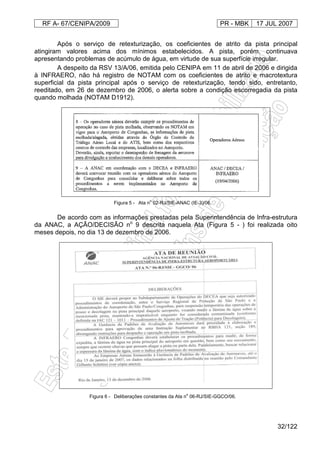 RF A- 67/CENIPA/2009 PR - MBK 17 JUL 2007
32/122
Após o serviço de retexturização, os coeficientes de atrito da pista principal
atingiram valores acima dos mínimos estabelecidos. A pista, porém, continuava
apresentando problemas de acúmulo de água, em virtude de sua superfície irregular.
A despeito da RSV 13/A/06, emitida pelo CENIPA em 11 de abril de 2006 e dirigida
à INFRAERO, não há registro de NOTAM com os coeficientes de atrito e macrotextura
superficial da pista principal após o serviço de retexturização, tendo sido, entretanto,
reeditado, em 26 de dezembro de 2006, o alerta sobre a condição escorregadia da pista
quando molhada (NOTAM D1912).
Figura 5 - Ata n
o
02-RJ/SIE-ANAC (IE-3)/06.
De acordo com as informações prestadas pela Superintendência de Infra-estrutura
da ANAC, a AÇÃO/DECISÃO no
9 descrita naquela Ata (Figura 5 - ) foi realizada oito
meses depois, no dia 13 de dezembro de 2006.
Figura 6 - Deliberações constantes da Ata n
o
06-RJ/SIE-GGCO/06.
 