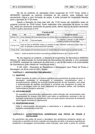 RF A- 67/CENIPA/2009 PR - MBK 17 JUL 2007
40/122
No dia do acidente, as operações foram suspensas às 17:07 horas, tendo a
INFRAERO reportado as mesmas condições do dia anterior: pista molhada com
escoamento d’água e sem formação de poças. A pista principal foi novamente liberada
para a operação às 17:20 horas.
Desde a liberação da pista pela AAL (às 17:20 horas) até momentos antes do
acidente (ocorrido às 18:48 horas), foram realizadas vinte operações de pouso na pista
35L, todas por aeronaves comerciais de grande porte, dentre eles os de quatro aeronaves
A-320 e quatro aeronaves A-319.
17 de julho de 2007
Horário Vôo Reporte feito à TWR Providência adotada
06:04 às 17:01 Foram realizados 206 movimentos de pouso. Em nenhum deles houve reporte sobre as condições da pista.
17:04 GOL 1697- Pista escorregadia.
Foi suspensa a operação na pista principal e
solicitada a medição de lâmina d’água.
17:07 às 17:20
Fiscal de Pátio da INFRAERO verificou as condições da pista, informando “ausência de poças d’água na
pista”. As operações na pista principal foram retomadas.
17:26 às 18:48 Foram realizados 25 movimentos de pouso. Em nenhum deles houve reporte sobre as condições da pista.
Tabela 5 - Quadro de reportes dos pilotos e de providências adotadas referentes ao dia 17 de julho de 2007.
No dia seguinte ao acidente, a Diretoria de Engenharia da Aeronáutica (DIRENG)
efetuou, por determinação do Comandante da Aeronáutica em atenção a uma solicitação
do CENIPA, medições de coeficiente de atrito (com o uso do Mu-meter) e de profundidade
de macrotextura (pelo método da “mancha-de-areia”).
A IAC 4302 - Requisitos de Resistência à Derrapagem para Pistas de Pouso e
Decolagem, de 28 de maio de 2001, dispõe:
“CAPÍTULO 1 - DISPOSIÇÕES PRELIMINARES
1.1 OBJETIVO
Definir requisitos de atrito e de textura superficial para pavimentos de pistas de pouso e
decolagem resistentes à derrapagem e estabelecer procedimentos para o
acompanhamento contínuo da evolução (monitoramento) de tais requisitos, com vistas
à implementação de medidas preventivas e corretivas que assegurem às pistas de
pouso e decolagem níveis de atrito adequados às operações aéreas, sob condições
meteorológicas normais e adversas.
1.2 APLICABILIDADE
Os requisitos e procedimentos estabelecidos nesta Instrução são recomendados pelo
Departamento de Aviação Civil (DAC) para todos os aeródromos nacionais e são de
aplicação compulsória em aeródromos civis nos quais operam aeronaves de transporte
aéreo regular doméstico e internacional.
1.3 RESPONSABILIDADE
Cabe à Administração Aeroportuária a observância e a aplicação dos padrões e
requisitos estabelecidos nesta IAC.
...
CAPÍTULO 2 - CARACTERÍSTICAS SUPERFICIAIS DAS PISTAS DE POUSO E
DECOLAGEM
Os pavimentos das pistas de pouso e decolagem dos aeródromos brasileiros devem ser
construídos e mantidos de forma a atender aos requisitos de atrito e de textura superficial de
resistência à derrapagem recomendados nesta Instrução, para evitar a perda do controle
 