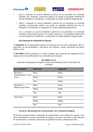 •           Baixa: a alteração na variável ambiental é passível de ser percebida e/ou verificada
            (medida) sem, entretanto, caracterizar ganhos e/ou perdas na qualidade ambiental da
            área de abrangência considerada, se comparados ao cenário ambiental diagnosticado.

      •     Média: a alteração na variável ambiental é passível de ser percebida ou verificada
            (medida), caracterizando ganhos e/ou perdas na qualidade ambiental da área de
            abrangência considerada, se comparados ao cenário ambiental diagnosticado

•           Alta: a alteração na variável ambiental é passível de ser percebida e/ou verificada
            (medida), caracterizando ganhos e/ou perdas expressivos na qualidade ambiental da
            área de abrangência considerada, se comparados ao cenário ambiental diagnosticado.

−           Determinação da Magnitude do Impacto

A Magnitude de um determinado impacto foi expressa por meio das combinações entre os
indicadores de Reversibilidade e Relevância dos impactos, sendo classificada em Baixa,
Média ou Alta.

O QUADRO 2.3.2-2 estabelece os critérios adotados para expressão da magnitude de um
impacto através da combinação de seus indicadores de avaliação.

                                       QUADRO 2.3.2-2
          Expressão da Magnitude do Impacto Através da Combinação de seus Indicadores de
                                            Avaliação

    Reversibilidade           Relevância                      Magnitude
    Reversível            Baixa                               Baixa
    Imediatamente/a Curto
    Prazo                 Média                               Média

                              Alta                            Média

    Reversível a              Baixa                           Baixa
    Médio/Longo Prazos
                              Média                           Média
                              Alta                            Alta

    Irreversível              Baixa                           Baixa

                              Média                           Média

                              Alta                            Alta


−           Forma de Apresentação da Caracterização e da Avaliação do Impacto

De forma a procurar facilitar a apreensão da caracterização e da avaliação do impacto, estas
foram apresentadas de modo consolidado em quadros, nos quais, associado a cada indicador
de caracterização e avaliação, são descritas as justificativas para a categorização feita.

6610-01-GL-830-RT-00109                          22                     Engevix/Themag/Intertechne
 