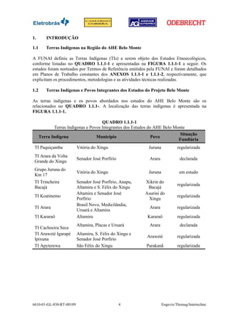 1.       INTRODUÇÃO

1.1      Terras Indígenas na Região do AHE Belo Monte

A FUNAI definiu as Terras Indígenas (TIs) a serem objeto dos Estudos Etnoecológicos,
conforme listadas no QUADRO 1.1.1-1 e apresentadas na FIGURA 1.1.1-1 a seguir. Os
estudos foram norteados por Termos de Referência emitidos pela FUNAI e foram detalhados
em Planos de Trabalho constantes dos ANEXOS 1.1.1-1 e 1.1.1-2, respectivamente, que
explicitam os procedimentos, metodologias e as atividades técnicas realizadas.

1.2      Terras Indígenas e Povos Integrantes dos Estudos do Projeto Belo Monte

As terras indígenas e os povos abordados nos estudos do AHE Belo Monte são os
relacionados no QUADRO 1.1.1-. A localização das terras indígenas é apresentada na
FIGURA 1.1.1-1.

                                      QUADRO 1.1.1-1
             Terras Indígenas e Povos Integrantes dos Estudos do AHE Belo Monte
                                                                            Situação
      Terra Indígena               Município                    Povo
                                                                            Fundiária
 TI Paquiçamba            Vitória do Xingu                  Juruna            regularizada
 TI Arara da Volta
                          Senador José Porfírio             Arara              declarada
 Grande do Xingu
 Grupo Juruna do
                          Vitória do Xingu                  Juruna             em estudo
 Km 17
 TI Trincheira            Senador José Porfírio, Anapu,   Xikrin do
                                                                              regularizada
 Bacajá                   Altamira e S. Félix do Xingu     Bacajá
                          Altamira e Senador José         Asurini do
 TI Koatinemo                                                                 regularizada
                          Porfírio                         Xingu
                          Brasil Novo, Medicilândia,
 TI Arara                                                   Arara             regularizada
                          Uruará e Altamira
 TI Kararaô               Altamira                         Kararaô            regularizada
                          Altamira, Placas e Uruará         Arara              declarada
 TI Cachoeira Seca
 TI Araweté Igarapé       Altamira, S. Félix do Xingu e
                                                           Araweté            regularizada
 Ipixuna                  Senador José Porfírio
 TI Apyterewa             São Félix do Xingu               Parakanã           regularizada




6610-01-GL-830-RT-00109                           4                  Engevix/Themag/Intertechne
 