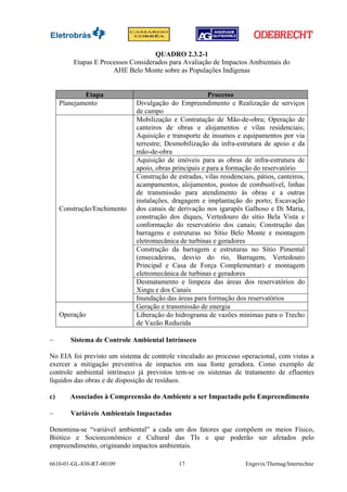 QUADRO 2.3.2-1
         Etapas E Processos Considerados para Avaliação de Impactos Ambientais do
                      AHE Belo Monte sobre as Populações Indígenas


             Etapa                                     Processo
     Planejamento            Divulgação do Empreendimento e Realização de serviços
                             de campo
                             Mobilização e Contratação de Mão-de-obra; Operação de
                             canteiros de obras e alojamentos e vilas residenciais;
                             Aquisição e transporte de insumos e equipamentos por via
                             terrestre; Desmobilização da infra-estrutura de apoio e da
                             mão-de-obra
                             Aquisição de imóveis para as obras de infra-estrutura de
                             apoio, obras principais e para a formação do reservatório
                             Construção de estradas, vilas residenciais, pátios, canteiros,
                             acampamentos, alojamentos, postos de combustível, linhas
                             de transmissão para atendimento às obras e a outras
                             instalações, dragagem e implantação do porto; Escavação
     Construção/Enchimento   dos canais de derivação nos igarapés Galhoso e Di Maria,
                             construção dos diques, Vertedouro do sítio Bela Vista e
                             conformação do reservatório dos canais; Construção das
                             barragens e estruturas no Sítio Belo Monte e montagem
                             eletromecânica de turbinas e geradores
                             Construção da barragem e estruturas no Sítio Pimental
                             (ensecadeiras, desvio do rio, Barragem, Vertedouro
                             Principal e Casa de Força Complementar) e montagem
                             eletromecânica de turbinas e geradores
                             Desmatamento e limpeza das áreas dos reservatórios do
                             Xingu e dos Canais
                             Inundação das áreas para formação dos reservatórios
                             Geração e transmissão de energia
     Operação                Liberação do hidrograma de vazões mínimas para o Trecho
                             de Vazão Reduzida

−       Sistema de Controle Ambiental Intrínseco

No EIA foi previsto um sistema de controle vinculado ao processo operacional, com vistas a
exercer a mitigação preventiva de impactos em sua fonte geradora. Como exemplo de
controle ambiental intrínseco já previstos tem-se os sistemas de tratamento de efluentes
líquidos das obras e de disposição de resíduos.

c)      Associados à Compreensão do Ambiente a ser Impactado pelo Empreendimento

−       Variáveis Ambientais Impactadas

Denomina-se “variável ambiental” a cada um dos fatores que compõem os meios Físico,
Biótico e Socioeconômico e Cultural das TIs e que poderão ser afetados pelo
empreendimento, originando impactos ambientais.

6610-01-GL-830-RT-00109                     17                       Engevix/Themag/Intertechne
 