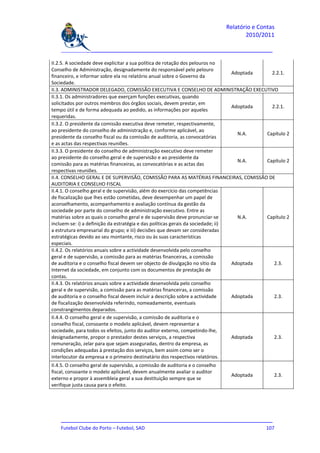 Relatório e Contas
                                                                                      2010/2011

    _______________________________________________________________________________

II.2.5. A sociedade deve explicitar a sua política de rotação dos pelouros no
Conselho de Administração, designadamente do responsável pelo pelouro
                                                                                  Adoptada   2.2.1.
financeiro, e informar sobre ela no relatório anual sobre o Governo da
Sociedade.
II.3. ADMINISTRADOR DELEGADO, COMISSÃO EXECUTIVA E CONSELHO DE ADMINISTRAÇÃO EXECUTIVO
II.3.1. Os administradores que exerçam funções executivas, quando
solicitados por outros membros dos órgãos sociais, devem prestar, em
                                                                                  Adoptada   2.2.1.
tempo útil e de forma adequada ao pedido, as informações por aqueles
requeridas.
II.3.2. O presidente da comissão executiva deve remeter, respectivamente,
ao presidente do conselho de administração e, conforme aplicável, ao
                                                                                    N.A.   Capítulo 2
presidente da conselho fiscal ou da comissão de auditoria, as convocatórias
e as actas das respectivas reuniões.
II.3.3. O presidente do conselho de administração executivo deve remeter
ao presidente do conselho geral e de supervisão e ao presidente da
                                                                                    N.A.   Capítulo 2
comissão para as matérias financeiras, as convocatórias e as actas das
respectivas reuniões.
II.4. CONSELHO GERAL E DE SUPERVISÃO, COMISSÃO PARA AS MATÉRIAS FINANCEIRAS, COMISSÃO DE
AUDITORIA E CONSELHO FISCAL
II.4.1. O conselho geral e de supervisão, além do exercício das competências
de fiscalização que lhes estão cometidas, deve desempenhar um papel de
aconselhamento, acompanhamento e avaliação contínua da gestão da
sociedade por parte do conselho de administração executivo. Entre as
matérias sobre as quais o conselho geral e de supervisão deve pronunciar-se         N.A.   Capítulo 2
incluem-se: i) a definição da estratégia e das políticas gerais da sociedade; ii)
a estrutura empresarial do grupo; e iii) decisões que devam ser consideradas
estratégicas devido ao seu montante, risco ou às suas características
especiais.
II.4.2. Os relatórios anuais sobre a actividade desenvolvida pelo conselho
geral e de supervisão, a comissão para as matérias financeiras, a comissão
de auditoria e o conselho fiscal devem ser objecto de divulgação no sítio da      Adoptada    2.3.
Internet da sociedade, em conjunto com os documentos de prestação de
contas.
II.4.3. Os relatórios anuais sobre a actividade desenvolvida pelo conselho
geral e de supervisão, a comissão para as matérias financeiras, a comissão
de auditoria e o conselho fiscal devem incluir a descrição sobre a actividade     Adoptada    2.3.
de fiscalização desenvolvida referindo, nomeadamente, eventuais
constrangimentos deparados.
II.4.4. O conselho geral e de supervisão, a comissão de auditoria e o
conselho fiscal, consoante o modelo aplicável, devem representar a
sociedade, para todos os efeitos, junto do auditor externo, competindo-lhe,
designadamente, propor o prestador destes serviços, a respectiva                  Adoptada    2.3.
remuneração, zelar para que sejam asseguradas, dentro da empresa, as
condições adequadas à prestação dos serviços, bem assim como ser o
interlocutor da empresa e o primeiro destinatário dos respectivos relatórios.
II.4.5. O conselho geral de supervisão, a comissão de auditoria e o conselho
fiscal, consoante o modelo aplicável, devem anualmente avaliar o auditor
                                                                                Adoptada        2.3.
externo e propor à assembleia geral a sua destituição sempre que se
verifique justa causa para o efeito.




    _______________________________________________________________________________
    Futebol Clube do Porto – Futebol, SAD                                        107
 
