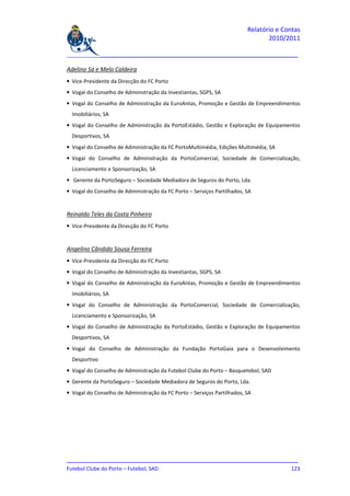 Relatório e Contas
                                                                                2010/2011

_______________________________________________________________________________

Adelino Sá e Melo Caldeira
• Vice-Presidente da Direcção do FC Porto
• Vogal do Conselho de Administração da Investiantas, SGPS, SA
• Vogal do Conselho de Administração da EuroAntas, Promoção e Gestão de Empreendimentos
  Imobiliários, SA
• Vogal do Conselho de Administração da PortoEstádio, Gestão e Exploração de Equipamentos
  Desportivos, SA
• Vogal do Conselho de Administração da FC PortoMultimédia, Edições Multimédia, SA
• Vogal do Conselho de Administração da PortoComercial, Sociedade de Comercialização,
  Licenciamento e Sponsorização, SA
• Gerente da PortoSeguro – Sociedade Mediadora de Seguros do Porto, Lda.
• Vogal do Conselho de Administração da FC Porto – Serviços Partilhados, SA


Reinaldo Teles da Costa Pinheiro
• Vice-Presidente da Direcção do FC Porto


Angelino Cândido Sousa Ferreira
• Vice-Presidente da Direcção do FC Porto
• Vogal do Conselho de Administração da Investiantas, SGPS, SA
• Vogal do Conselho de Administração da EuroAntas, Promoção e Gestão de Empreendimentos
  Imobiliários, SA
• Vogal do Conselho de Administração da PortoComercial, Sociedade de Comercialização,
  Licenciamento e Sponsorização, SA
• Vogal do Conselho de Administração da PortoEstádio, Gestão e Exploração de Equipamentos
  Desportivos, SA
• Vogal do Conselho de Administração da Fundação PortoGaia para o Desenvolvimento
  Desportivo
• Vogal do Conselho de Administração da Futebol Clube do Porto – Basquetebol, SAD
• Gerente da PortoSeguro – Sociedade Mediadora de Seguros do Porto, Lda.
• Vogal do Conselho de Administração da FC Porto – Serviços Partilhados, SA




_______________________________________________________________________________
Futebol Clube do Porto – Futebol, SAD                                        123
 