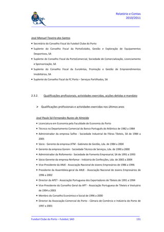 Relatório e Contas
                                                                               2010/2011

_______________________________________________________________________________



José Manuel Taveira dos Santos
• Secretário do Conselho Fiscal do Futebol Clube do Porto
• Suplente do Conselho Fiscal da PortoEstádio, Gestão e Exploração de Equipamentos
  Desportivos, SA
• Suplente do Conselho Fiscal da PortoComercial, Sociedade de Comercialização, Licenciamento
  e Sponsorização, SA
• Suplente do Conselho Fiscal da EuroAntas, Promoção e Gestão de Empreendimentos
  Imobiliários, SA
• Suplente do Conselho Fiscal da FC Porto – Serviços Partilhados, SA




2.3.2.       Qualificações profissionais, actividades exercidas, acções detidas e mandato


           Qualificações profissionais e actividades exercidas nos últimos anos


    José Paulo Sá Fernandes Nunes de Almeida
    • Licenciatura em Economia pela Faculdade de Economia do Porto
    • Técnico no Departamento Comercial do Banco Português do Atlântico de 1982 a 1984
    • Administrador da empresa Sofite - Sociedade Industrial de Fibras Têxteis, SA de 1984 a
         2005
    • Sócio - Gerente da empresa ATM - Gabinete de Gestão, Lda. de 1984 a 2004
    • Gerente da empresa Gorem - Sociedade Técnica de Serviços, Lda. de 1990 a 2000
    • Administrador da Risfomento - Sociedade de Fomento Empresarial, SA de 1991 a 1993
    • Sócio-Gerente da empresa Ninfamar - Indústria de Confecções, Lda. de 2002 a 2004
    • Vice-Presidente da ANJE - Associação Nacional de Jovens Empresários de 1986 a 1996
    • Presidente da Assembleia-geral da ANJE - Associação Nacional de Jovens Empresários de
         1996 a 2002
    • Director da APET - Associação Portuguesa dos Exportadores de Têxteis de 1991 a 1994
    • Vice-Presidente do Conselho Geral da APT - Associação Portuguesa de Têxteis e Vestuário
         de 1994 a 2003
    • Membro do Conselho Económico e Social de 1996 a 2000
    • Director da Associação Comercial do Porto - Câmara de Comércio e Indústria do Porto de
         1997 a 2001


_______________________________________________________________________________
Futebol Clube do Porto – Futebol, SAD                                        131
 
