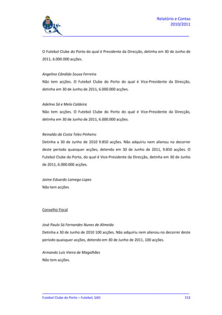Relatório e Contas
                                                                        2010/2011

_______________________________________________________________________________



O Futebol Clube do Porto do qual é Presidente da Direcção, detinha em 30 de Junho de
2011, 6.000.000 acções.


Angelino Cândido Sousa Ferreira
Não tem acções. O Futebol Clube do Porto do qual é Vice-Presidente da Direcção,
detinha em 30 de Junho de 2011, 6.000.000 acções.


Adelino Sá e Melo Caldeira
Não tem acções. O Futebol Clube do Porto do qual é Vice-Presidente da Direcção,
detinha em 30 de Junho de 2011, 6.000.000 acções.


Reinaldo da Costa Teles Pinheiro
Detinha a 30 de Junho de 2010 9.850 acções. Não adquiriu nem alienou no decorrer
deste período quaisquer acções, detendo em 30 de Junho de 2011, 9.850 acções. O
Futebol Clube do Porto, do qual é Vice-Presidente da Direcção, detinha em 30 de Junho
de 2011, 6.000.000 acções.


Jaime Eduardo Lamego Lopes
Não tem acções




Conselho Fiscal


José Paulo Sá Fernandes Nunes de Almeida
Detinha a 30 de Junho de 2010 100 acções. Não adquiriu nem alienou no decorrer deste
período quaisquer acções, detendo em 30 de Junho de 2011, 100 acções.


Armando Luís Vieira de Magalhães
Não tem acções.




_______________________________________________________________________________
Futebol Clube do Porto – Futebol, SAD                                        153
 