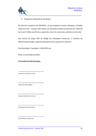 Relatório e Contas
                                                                           2010/2011

_______________________________________________________________________________

     9. Proposta de Aplicação de Resultados


No exercício económico de 2010/2011, no que respeita às contas individuais, a Futebol
Clube do Porto – Futebol, SAD obteve um Resultado Líquido do Exercício de 1.549.678
Euros (um milhão, quinhentos e quarenta e nove mil, seiscentos e setenta e oito Euros).


Nos termos do artigo 376º do Código das Sociedades Comerciais, o Conselho de
Administração propõe a seguinte aplicação do lucro apurado no exercício:


Para Resultados Transitados: 1.549.678 Euros


Porto, 21 de Outubro de 2011


O Conselho de Administração,




________________________________
Jorge Nuno Lima Pinto da Costa




________________________________
Adelino Sá e Melo Caldeira




________________________________
Angelino Cândido Sousa Ferreira




________________________________
Reinaldo da Costa Teles Pinheiro




________________________________
Jaime Eduardo Lamego Lopes




_______________________________________________________________________________
Futebol Clube do Porto – Futebol, SAD                                         29
 