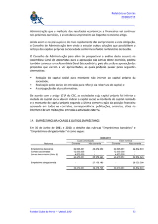 Relatório e Contas
                                                                              2010/2011

_______________________________________________________________________________

Administração que a melhoria dos resultados económicos e financeiros vai continuar
nos próximos exercícios, e assim dará cumprimento ao disposto no mesmo artigo.

Ainda assim e no pressuposto de mais rapidamente dar cumprimento a esta obrigação,
o Conselho de Administração tem vindo a estudar outras soluções que possibilitem o
reforço dos capitais próprios da Sociedade conforme referido no Relatório de Gestão.

O Conselho de Administração para além de perspectivar a análise deste assunto na
Assembleia Geral de Accionistas para a aprovação das contas deste exercício, poderá
também convocar uma Assembleia Geral Extraordinária, para discussão e aprovação das
propostas que vierem a ser apresentadas, as quais poderão passar pelas seguintes
alternativas:

•   Redução do capital social para montante não inferior ao capital próprio da
    sociedade;
•   Realização pelos sócios de entradas para reforço da cobertura do capital; e
•   A conjugação das duas alternativas.

De acordo com o artigo 171º do CSC, as sociedades cujo capital próprio foi inferior a
metade do capital social devem indicar o capital social, o montante do capital realizado
e o montante do capital próprio segundo a última demonstração da posição financeira
aprovada em todos os contratos, correspondência, publicações, anúncios, sítios na
Internet e de um modo geral em toda a actividade externa.


14. EMPRÉSTIMOS BANCÁRIOS E OUTROS EMPRÉSTIMOS

Em 30 de Junho de 2011 e 2010, o detalhe das rubricas “Empréstimos bancários” e
“Empréstimos obrigacionistas” é como segue:

                                                             30.06.2011
                                       Custo amortizado                        Valor nominal
             Natureza             Corrente        Não corrente          Corrente        Não corrente

Empréstimos bancários               32.595.351       22.372.649          32.595.351         22.372.649
Contas caucionadas                  12.000.000        -                  12.000.000          -
Letras descontadas (Nota 9)          4.875.000        -                   4.875.000          -
                                    49.470.351       22.372.649          49.470.351         22.372.649

Empréstimo obrigacionista            -               27.106.149            -                28.000.000

                                    49.470.351       49.478.798          49.470.351         50.372.649




_______________________________________________________________________________
Futebol Clube do Porto – Futebol, SAD                                         73
 