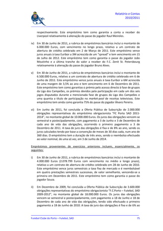 Relatório e Contas
                                                                          2010/2011

_______________________________________________________________________________

      respectivamente. Este empréstimo tem como garantia a conta a receber do
      Liverpool relativamente à alienação do passe do jogador Raul Meireles.

iv) Em 30 de Junho de 2011, a rubrica de empréstimos bancários inclui o montante de
    6.000.000 Euros, com vencimento no longo prazo, relativo a um contrato de
    abertura de crédito celebrado em 2 de Março de 2011. Este empréstimo vence
    juros anuais à taxa Euribor a 3M acrescida de um “spread” e tem vencimento em 15
    de Julho de 2012. Este empréstimo tem como garantia o passe do jogador João
    Moutinho e a última tranche do valor a receber do F.C. Zenit St. Petersbourg
    relativamente à alienação do passe do jogador Bruno Alves.

v)    Em 30 de Junho de 2011, a rubrica de empréstimos bancários inclui o montante de
      6.500.000 Euros, relativo a um contrato de abertura de crédito celebrado em 6 de
      Junho de 2011. Este empréstimo vence juros anuais à taxa Euribor a 6M acrescida
      de uma margem de 3,5% ao ano e tem vencimento em 6 de Dezembro de 2011.
      Este empréstimo tem como garantias o prémio pelo acesso directo à fase de grupos
      da Liga dos Campeões, os prémios devidos pela participação em cada um dos seis
      jogos disputados durante a mencionada fase de grupos da Liga dos Campeões e
      uma quantia a título de participação no market-pool de receitas televisivas. Este
      empréstimo tem ainda como garantia 75% do passe do jogador Álvaro Pereira.

vi) Em Junho de 2011, foi concluída a Oferta Pública de Subscrição de 2.000.000
    obrigações representativas do empréstimo obrigacionista “FC Porto SAD 2011-
    2014”, no montante global de 10.000.000 Euros. Os juros das obrigações vencem-se
    semestral e postecipadamente, com pagamento a 3 de Junho e 3 de Dezembro de
    cada ano de vida das obrigações, ocorrendo o primeiro pagamento a 3 de
    Dezembro de 2011. A taxa de juro das obrigações é fixa e de 8% ao ano, sendo os
    juros calculados tendo por base a convenção de meses de 30 dias cada, num ano de
    360 dias. O empréstimo tem a duração de três anos, sendo o reembolso efectuado
    ao valor nominal, de uma só vez, em 3 de Junho de 2014.

Empréstimos provenientes de exercícios anteriores incluem, essencialmente, os
seguintes:

i)    Em 30 de Junho de 2011, a rubrica de empréstimos bancários inclui o montante de
      4.000.000 Euros (2.078.799 Euros com vencimento no médio e longo prazo),
      relativo a um contrato de abertura de crédito celebrado em 28 de Junho de 2010.
      Este empréstimo vence juros semestrais a taxa fixa de mercado e é reembolsável
      em quatro prestações semestrais sucessivas, de valor semelhante, vencendo-se a
      primeira em Dezembro de 2011. Este empréstimo tem como garantia o passe do
      jogador Souza.

ii)   Em Dezembro de 2009, foi concluída a Oferta Pública de Subscrição de 3.600.000
      obrigações representativas do empréstimo obrigacionista “F.C.Porto – Futebol, SAD
      2009-2012”, no montante global de 18.000.000 Euros. Os juros das obrigações
      vencem-se semestral e postecipadamente, com pagamento a 18 de Junho e 18 de
      Dezembro de cada ano de vida das obrigações, tendo sido efectuado o primeiro
      pagamento a 18 de Junho de 2010. A taxa de juro das obrigações é fixa e de 6% ao

_______________________________________________________________________________
Futebol Clube do Porto – Futebol, SAD                                         75
 
