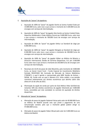 Relatório e Contas
                                                                          2010/2011

_______________________________________________________________________________


i)    Aquisições de “passes” de jogadores:

      a.   Aquisição de 100% do “passe” do jogador Danilo ao Santos Futebol Clube por
           13.000.000 Euros, valor esse a que acresce o montante de 3.100.000 Euros de
           encargos com serviços de intermediação;

      b.   Aquisição de 100% do “passe” do jogador Alex Sandro ao Santos Futebol Clube,
           Deportivo Maldonado e Clube Atlético Paraná por 9.600.000 Euros, valor esse
           a que acresce o montante de 700.000 Euros de encargos com serviços de
           intermediação;

      c.   Aquisição de 100% do “passe” do jogador Defour ao Standard de Liége por
           6.000.000 Euros;

      d.   Aquisição de 100% do “passe” do jogador Mangala ao Standard de Liége por
           6.500.000 Euros valor esse a que acresce o montante de 500.000 Euros de
           encargos com serviços de intermediação;

      e.   Aquisição de 100% do “passe” do jogador Kléber ao Atlético de Mineiro e
           Onsoccer Internacional, Gestão de Carreiras Desportivas, S.A. por 3.560.000
           Euros valor esse a que acresce o montante de 250.000 Euros de encargos com
           serviços de intermediação;

      f.   Recompra de 22,5% do passe de João Moutinho, pelo montante de 4.000.000
           Euros, ao Soccer Invest Fund – Fundo Especial de Investimento Mobiliário
           Fechado REGISTADO NA Comissão do Mercado de Valores Mobiliários
           (“CMVM”), o qual é gerido e representado pela MNF Gestão de Activos –
           SGFIM, SA, Fundo este ao qual a Mamers B.V. tinha cedido a sua posição
           contratual relativamente aos direitos económicos que detinha sobre este
           atleta em 22 de Julho de 2011.

      g.   Efectivação da opção de venda por parte do Club Atlético Vélez Sársfield dos
           restantes 50% dos direitos económicos do jogador Otamendi por 4.000.000
           Euros, concedidos por esta sociedade no contrato de aquisição de direitos
           desportivos.

ii)   Alienação de “passes” de jogadores:

      a.   Alienação do passe do jogador Radamel Falcao pelo valor de 40.000.000 Euros
           ao Atlético de Madrid (acordo este que prevê o pagamento de uma
           remuneração variável, pelo que o montante global poderá atingir os
           47.000.000 Euros);

      b.   Alienação do passe do jogador Rúben Micael pelo valor de 5.000.000 Euros ao
           Atlético de Madrid.




_______________________________________________________________________________
Futebol Clube do Porto – Futebol, SAD                                         93
 