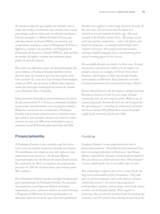 15
Ao mesmo tempo em que amplia seu trabalho com as
bolsas de estudo, a instituição vem criando novos canais
para chegar cada vez mais cedo na vida dos estudantes.
Um dos exemplos é o Prêmio Estudar Ciência, que
seleciona alunos do Ensino Médio em parceria com
competições científicas, como as Olimpíadas de Física e
Química, e oferece aos escolhidos um Programa de
Orientação de Carreira e Estudo (POCE), além de bolsa
de estudos de inglês e contato com mentores presti-
giados da área de ciências.
Para atuar nos diferentes níveis de desenvolvimento dos
novos líderes, a Fundação Estudar também realiza
diversos tipos de encontros que buscam inspirar pelo
bom exemplo. É o caso do Ciclo Grandes Universidades,
criado em 2011, que já trouxe ao Brasil altos represen-
tantes das principais instituições de ensino do mundo,
como Harvard, Yale e Columbia.
Historicamente dedicada ao desenvolvimento de jovens
de alto potencial de 15 a 34 anos, a instituição também
se preocupa constantemente com sua própria evolução.
Disposta a estruturar seu crescimento, a Fundação
Estudar traçou metas concretas para os próximos anos
que incluem, por exemplo, alcançar um nível de conhe-
cimento de marca de 50% entre os brasileiros que se
encaixam no perfil buscado pela instituição até 2016.
Financiamento
A Fundação Estudar é uma entidade sem fins lucra-
tivos, com um modelo financeiro baseado em doações.
“A contribuição das empresas tem sido cada vez mais
importante nesse processo”, diz Renata Moraes,
responsável pela área de Desenvolvimento Institucional.
No orçamento de 2012, as empresas são responsáveis
por mais de 70% das receitas totais, que somam quase
R$ 6 milhões.
Os ex-bolsistas também exercem um papel fundamental
para a perpetuação da Fundação Estudar. Na operação
dos programas, participam de diversas atividades
importantes, como o processo seletivo de novos bolsistas,
o Programa de Mentores de jovens graduandos e os
diferentes tipos de encontros para troca de experiências
Estudar now supports a wider range of courses of study. At
the same time, the institution has developed new
initiatives to reach students at earlier ages. One such
example is the Estudar Science Prize. This project works
with top academic competitions – such as the physics and
chemistry olympiads – to identify talented high school
students and to give them professional and academic
advising, English language classes, and mentoring from
award-winning figures in the sciences.
To successfully develop new leaders in these ways, Estudar
also promotes special events which serve to inspire via
example. As just one example, the Great Universities
Program, which began in 2011, has already brought
representatives of Harvard, Yale, Columbia and other
acclaimed institutions of research and learning to Brazil.
Historically dedicated to the development of high-potential
Brazilians between 15 and 34 years of age, Estudar
continually seeks out new ways to evolve. With an eye on
structured growth, Estudar has laid out concrete goals for
the upcoming years – including the achievement of brand
awareness among 50% of Brazilians who fit the profile
sought by the institution by the year 2016.
Funding
Fundação Estudar is a non-profit institution that is
financed by donations. “Contributions from businesses have
been increasingly important in this process,” says Renata
Moraes, responsible for Estudar’s institutional development.
This year, businesses will provide more than 70% of Estudar’s
revenue, which reaches close to six million reais in total.
Past scholarship receipients also serve a vital role for the
long-term sustainability of the Foundation. They take
part in various programs, such as the selection of future
scholarship winners, the mentoring program for
undergraduate students, and meetings with newly-chosen
members of the Estudar family. With regards to
financing, they are directly involved with the fundraising
commitee, and 217 of them have already donated back the
Fundação Estudar | operating model
 