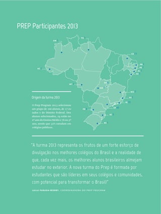PREP  Participantes  2013  
“A  turma  2013  representa  os  frutos  de  um  forte  esforço  de  
que,  cada  vez  mais,  os  melhores  alunos  brasileiros  almejam  
laila parada-worby, coordenadora do prep program
O Prep Program 2013 selecionou
um grupo de 100 alunos, de 17 es-
tados e do Distrito Federal. Dos
alunos selecionados, 24 estão no
2º ano do Ensino Médio e 76 no 3º
ano, sendo que 32% estudam em
colégios públicos.
sp 43
rj 15
mg 7
es 1
se 1
pe 1
pb 1
al 1
ce 11
pa 1
am 1
ac 1
mt 1
pr 3
sc 3
rs 1
go 1
df 6
Origem  da  turma  2013
 