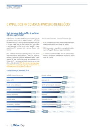 Perspectivas Globais﻿
BARÓMETRO DE RH
8
O PAPEL DOS RH COMO UM PARCEIRO DE NEGÓCIO
Quais são as prioridades dos RH e de que forma
está o seu papel a mudar?
O Barómetro Global de RH foca-se na identificação de
prioridades-chave para os RH e considera o seu novo
papel estratégico. O relatório analisa a evolução dos RH
e a capacidade que as organizações têm para medir
o seu desempenho. De forma crítica, analisa a capa-
cidade dos RH para competir na nova Guerra pelo
Talento.
Para validar a importância estratégica dos RH dentro
das organizações, foi analisada a estrutura organiza-
cional e a estrutura de reporte dos líderes de RH, cons-
tatando-se que, de forma global, a maior parte dos
líderes de RH seniores reporta directamente ao mais
alto nível de direcção. 63% dos senior managers que
responderam ao estudo reporta directamente ao
CEO/CFO/Presidente/Director-Geral
Através da nossa análise, constatámos ainda que:
•	 80% dos líderes de RH tem responsabilidades estra-
tégicas significativas (ex: gestão de talento)
•	 60% indicou que o payroll/ administração de colabo-
radores faz parte das suas responsabilidades
•	 A maioria dos líderes de RH tem um vasto conheci-
mento e experiência, trabalhando na área dos RH há
mais de 15 anos
Aquisição de talento/recrutamento
86%
Políticas de RH
83%
Relação com os colaboradores
81%
Formação e desenvolvimento
79%
Gestão de desempenho
79%
Gestão de talento
78%
Compensação & Benefícios
77%
Retenção de colaboradores
75%
Planos de sucessão
68%
Sistemas de RH
65%
Payroll – administração de colaboradores
60%
Projectos de transformação/mudança de gestão
59%
Mobilidade
51%
Diversidade e inclusão
49%
Employer Branding/Marketing/Valorização de colaboradores
49%
Outro
8%
O âmbito da função dos líderes de RH
 