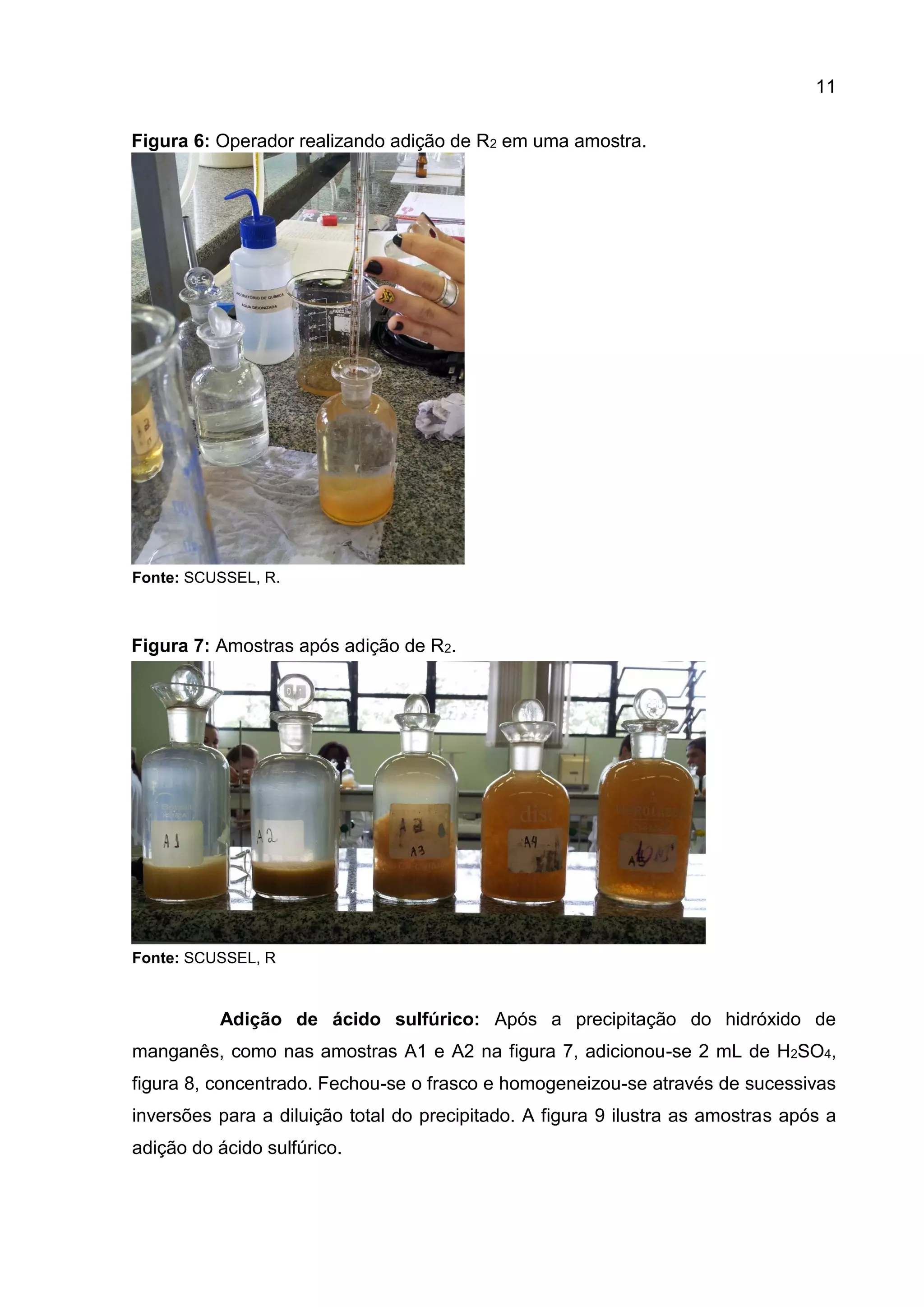 11
Figura 6: Operador realizando adição de R2 em uma amostra.

Fonte: SCUSSEL, R.

Figura 7: Amostras após adição de R2.

Fonte: SCUSSEL, R

Adição de ácido sulfúrico: Após a precipitação do hidróxido de
manganês, como nas amostras A1 e A2 na figura 7, adicionou-se 2 mL de H2SO4,
figura 8, concentrado. Fechou-se o frasco e homogeneizou-se através de sucessivas
inversões para a diluição total do precipitado. A figura 9 ilustra as amostras após a
adição do ácido sulfúrico.

 