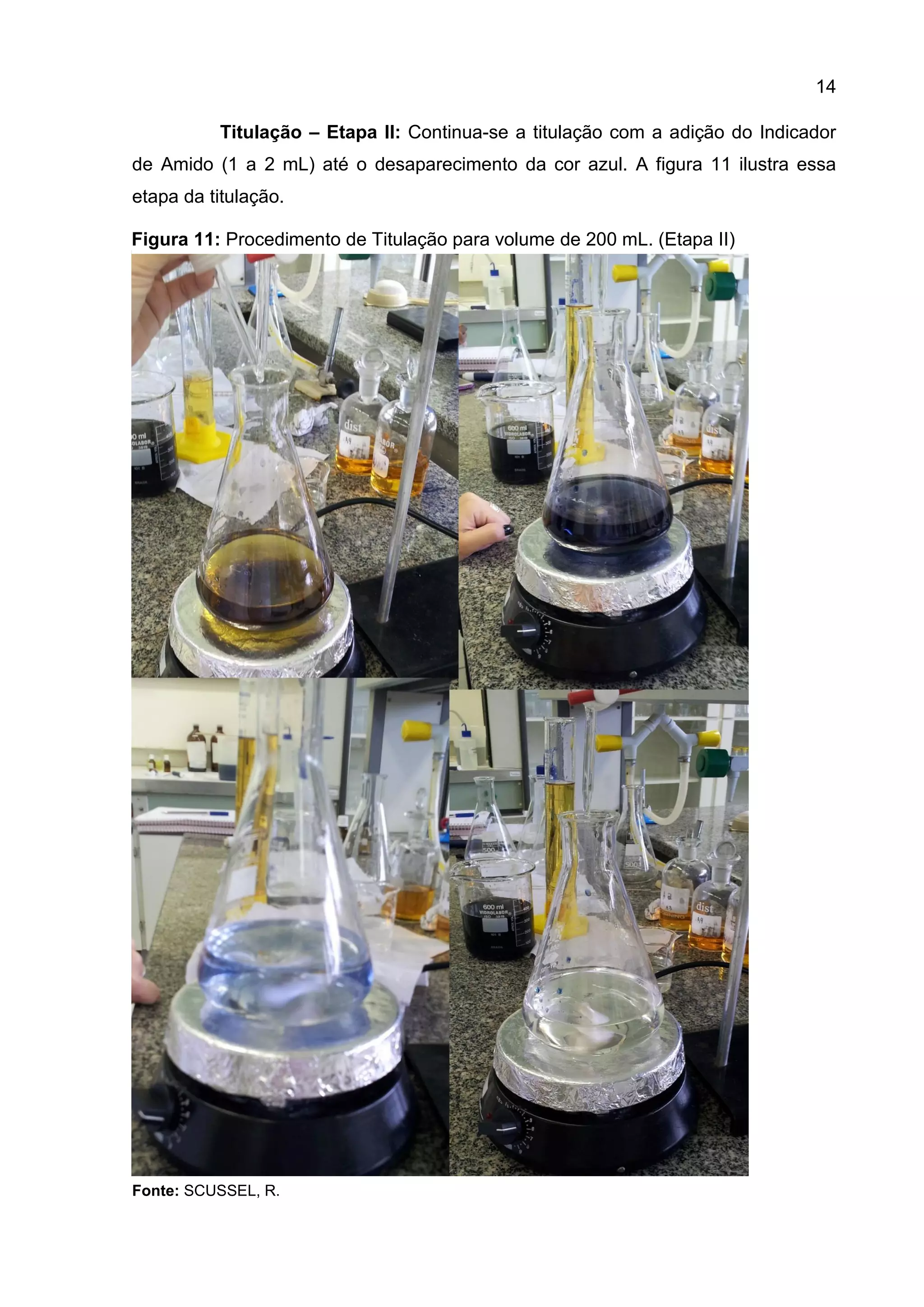 14
Titulação – Etapa II: Continua-se a titulação com a adição do Indicador
de Amido (1 a 2 mL) até o desaparecimento da cor azul. A figura 11 ilustra essa
etapa da titulação.
Figura 11: Procedimento de Titulação para volume de 200 mL. (Etapa II)

Fonte: SCUSSEL, R.

 
