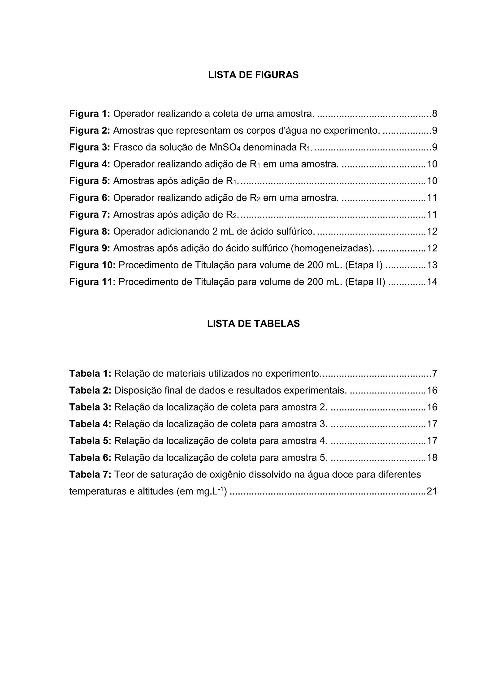 LISTA DE FIGURAS

Figura 1: Operador realizando a coleta de uma amostra. .......................................... 8
Figura 2: Amostras que representam os corpos d'água no experimento. .................. 9
Figura 3: Frasco da solução de MnSO4 denominada R1. ........................................... 9
Figura 4: Operador realizando adição de R1 em uma amostra. ............................... 10
Figura 5: Amostras após adição de R1. .................................................................... 10
Figura 6: Operador realizando adição de R2 em uma amostra. ............................... 11
Figura 7: Amostras após adição de R2. .................................................................... 11
Figura 8: Operador adicionando 2 mL de ácido sulfúrico. ........................................ 12
Figura 9: Amostras após adição do ácido sulfúrico (homogeneizadas). .................. 12
Figura 10: Procedimento de Titulação para volume de 200 mL. (Etapa I) ............... 13
Figura 11: Procedimento de Titulação para volume de 200 mL. (Etapa II) .............. 14

LISTA DE TABELAS

Tabela 1: Relação de materiais utilizados no experimento. ........................................ 7
Tabela 2: Disposição final de dados e resultados experimentais. ............................ 16
Tabela 3: Relação da localização de coleta para amostra 2. ................................... 16
Tabela 4: Relação da localização de coleta para amostra 3. ................................... 17
Tabela 5: Relação da localização de coleta para amostra 4. ................................... 17
Tabela 6: Relação da localização de coleta para amostra 5. ................................... 18
Tabela 7: Teor de saturação de oxigênio dissolvido na água doce para diferentes
temperaturas e altitudes (em mg.L-1) ........................................................................ 21

 