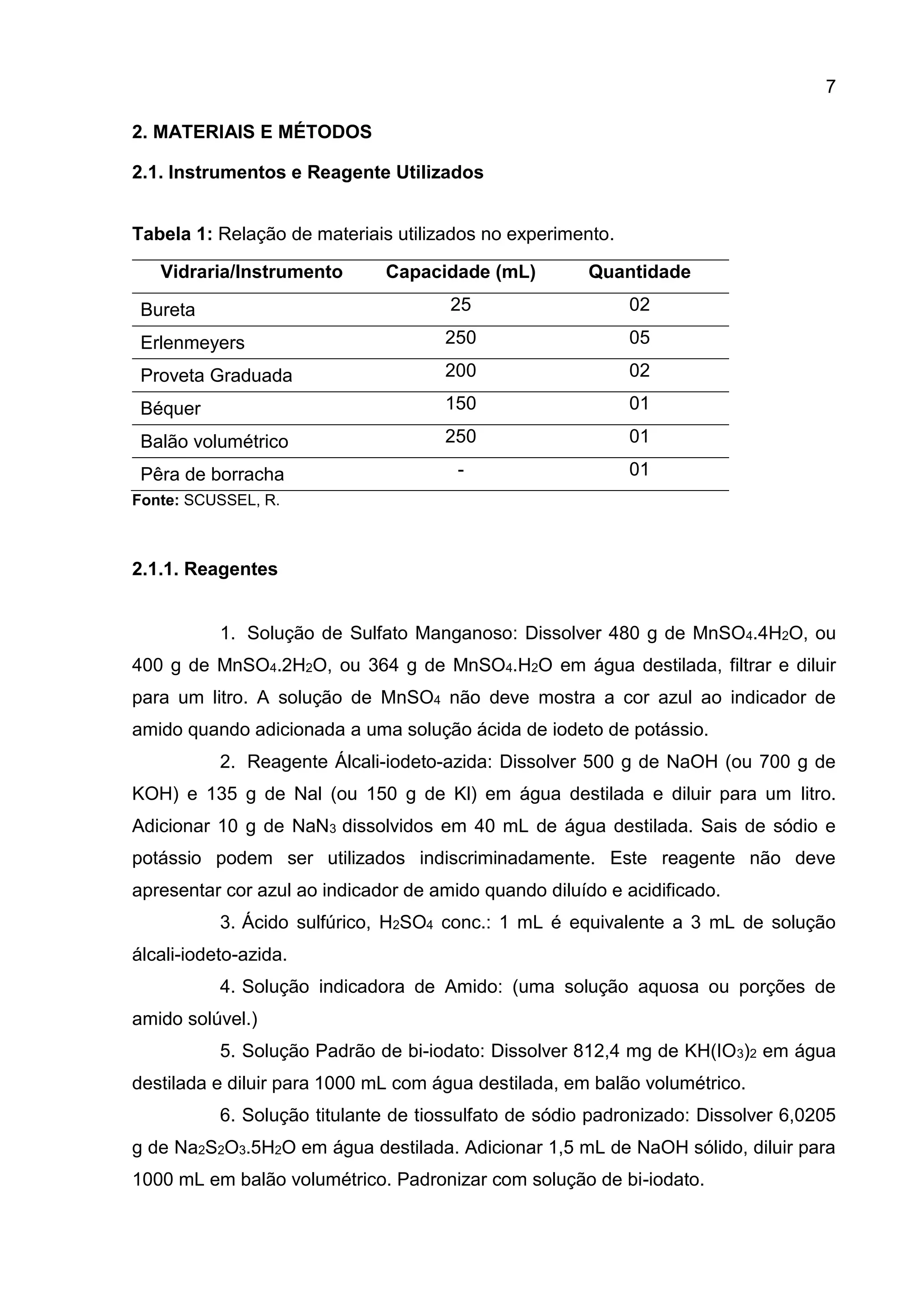 7
2. MATERIAIS E MÉTODOS
2.1. Instrumentos e Reagente Utilizados
Tabela 1: Relação de materiais utilizados no experimento.
Vidraria/Instrumento

Capacidade (mL)

Quantidade

Bureta

25

02

Erlenmeyers

250

05

Proveta Graduada

200

02

Béquer

150

01

Balão volumétrico

250

01

Pêra de borracha

-

01

Fonte: SCUSSEL, R.

2.1.1. Reagentes

1. Solução de Sulfato Manganoso: Dissolver 480 g de MnSO4.4H2O, ou
400 g de MnSO4.2H2O, ou 364 g de MnSO4.H2O em água destilada, filtrar e diluir
para um litro. A solução de MnSO4 não deve mostra a cor azul ao indicador de
amido quando adicionada a uma solução ácida de iodeto de potássio.
2. Reagente Álcali-iodeto-azida: Dissolver 500 g de NaOH (ou 700 g de
KOH) e 135 g de Nal (ou 150 g de Kl) em água destilada e diluir para um litro.
Adicionar 10 g de NaN3 dissolvidos em 40 mL de água destilada. Sais de sódio e
potássio podem ser utilizados indiscriminadamente. Este reagente não deve
apresentar cor azul ao indicador de amido quando diluído e acidificado.
3. Ácido sulfúrico, H2SO4 conc.: 1 mL é equivalente a 3 mL de solução
álcali-iodeto-azida.
4. Solução indicadora de Amido: (uma solução aquosa ou porções de
amido solúvel.)
5. Solução Padrão de bi-iodato: Dissolver 812,4 mg de KH(IO3)2 em água
destilada e diluir para 1000 mL com água destilada, em balão volumétrico.
6. Solução titulante de tiossulfato de sódio padronizado: Dissolver 6,0205
g de Na2S2O3.5H2O em água destilada. Adicionar 1,5 mL de NaOH sólido, diluir para
1000 mL em balão volumétrico. Padronizar com solução de bi-iodato.

 