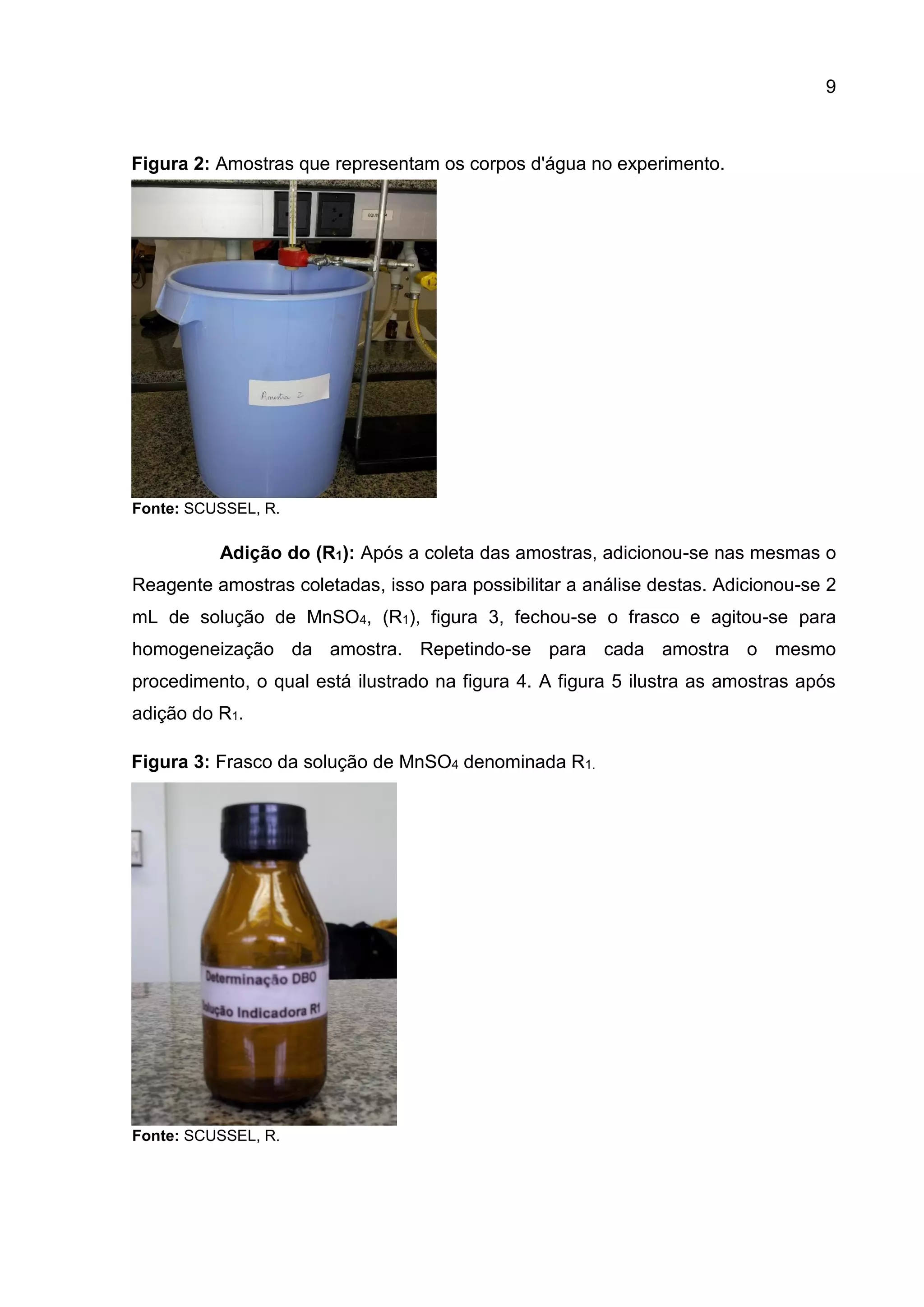 9

Figura 2: Amostras que representam os corpos d'água no experimento.

Fonte: SCUSSEL, R.

Adição do (R1): Após a coleta das amostras, adicionou-se nas mesmas o
Reagente amostras coletadas, isso para possibilitar a análise destas. Adicionou-se 2
mL de solução de MnSO4, (R1), figura 3, fechou-se o frasco e agitou-se para
homogeneização da amostra. Repetindo-se para cada amostra o mesmo
procedimento, o qual está ilustrado na figura 4. A figura 5 ilustra as amostras após
adição do R1.
Figura 3: Frasco da solução de MnSO4 denominada R1.

Fonte: SCUSSEL, R.

 